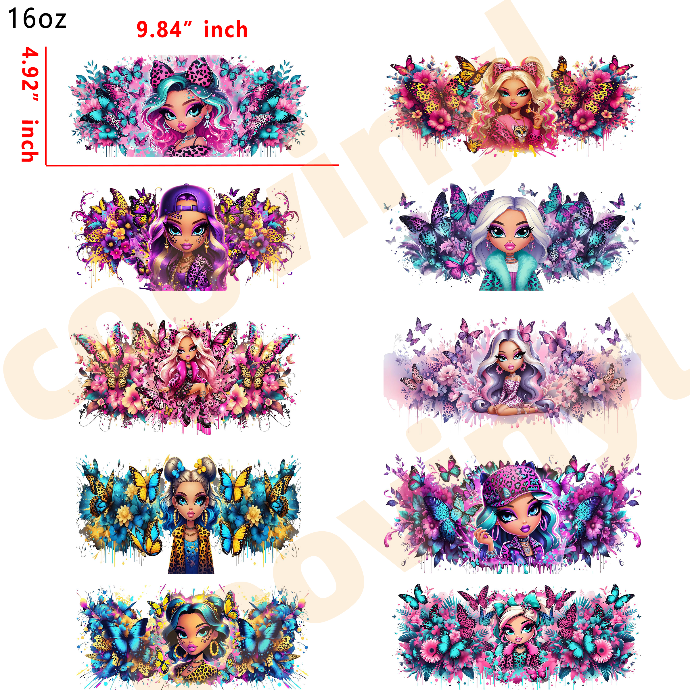 (L94)  10pcs leopard Bratz  16OZ Tumbler Cup Wraps, Waterproof Fade-Resistant Decal Stickers, Vivid HD Print with Strong Adhesion, Customizable Transfers for Glass Cups, Mugs & Smooth Surfaces, DIY Art Craft Supplies