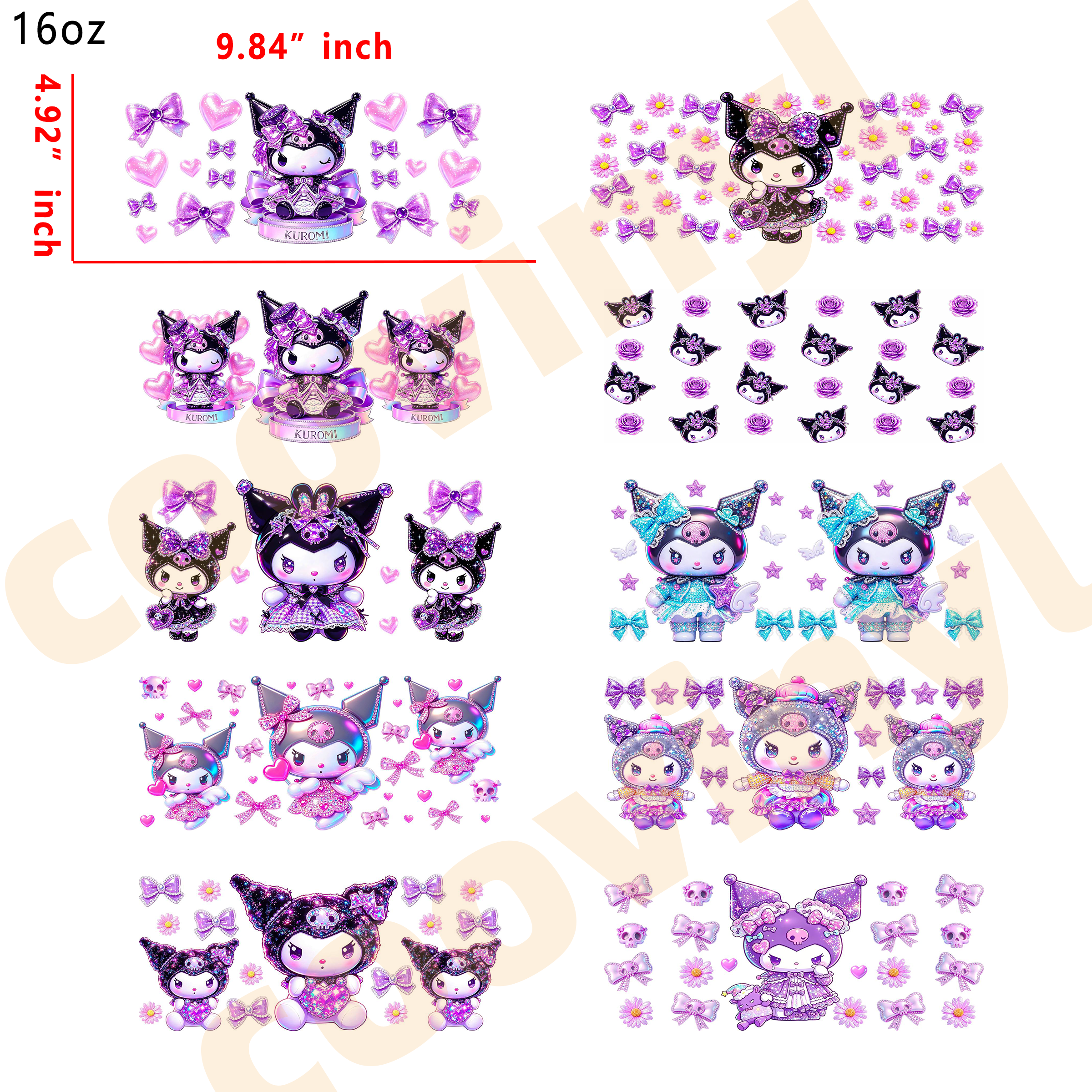 (L96)  10pcs Kuromi 16OZ Tumbler Cup Wraps, Waterproof Fade-Resistant Decal Stickers, Vivid HD Print with Strong Adhesion, Customizable Transfers for Glass Cups, Mugs & Smooth Surfaces, DIY Art Craft Supplies