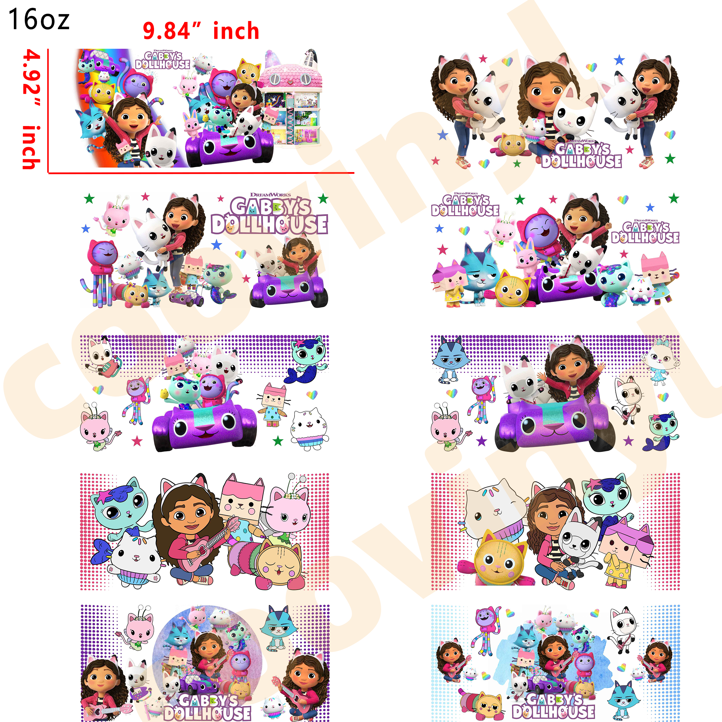 (L98)  10pcs Gabby's dollhouse 16OZ Tumbler Cup Wraps, Waterproof Fade-Resistant Decal Stickers, Vivid HD Print with Strong Adhesion, Customizable Transfers for Glass Cups, Mugs & Smooth Surfaces, DIY Art Craft Supplies