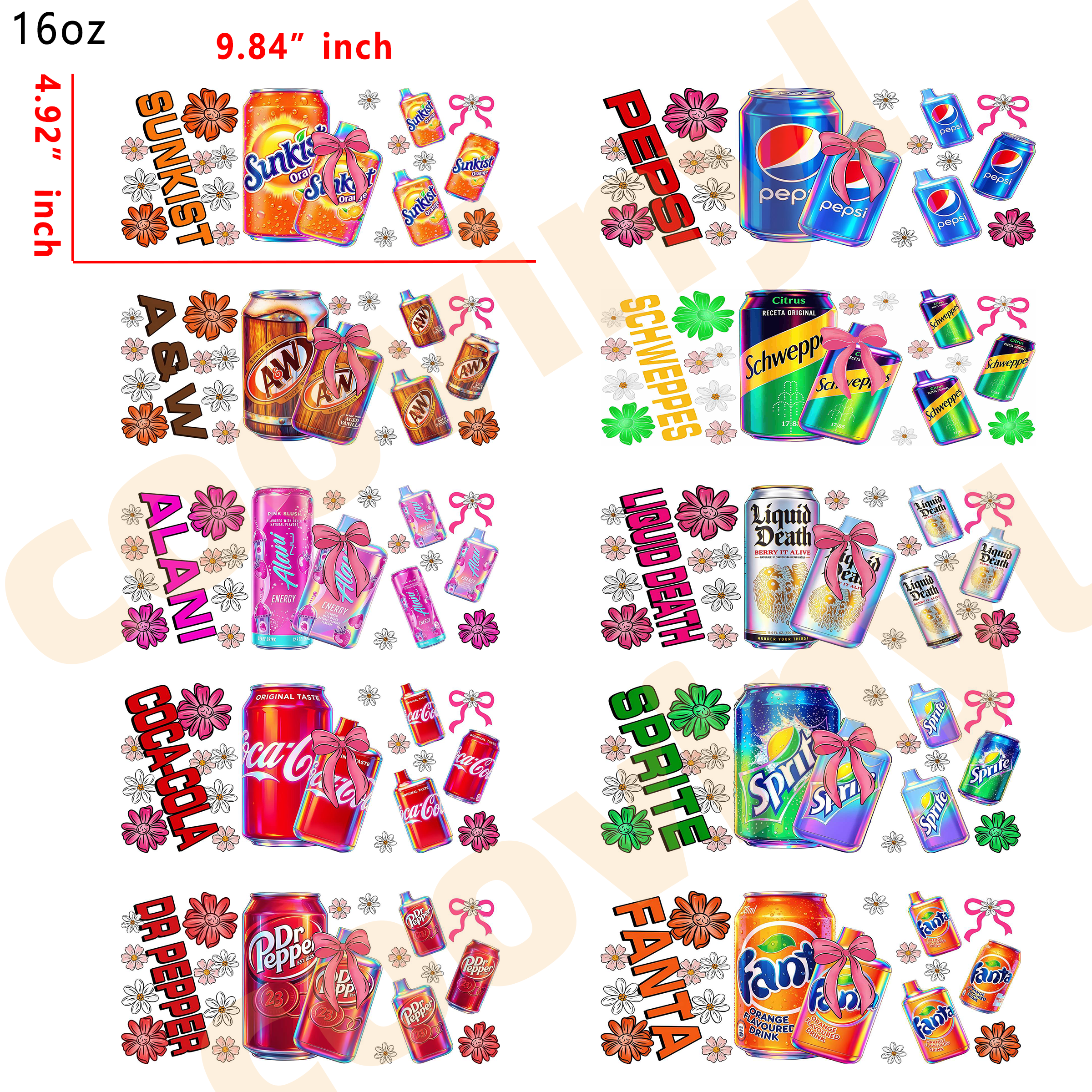 (M97)  10pcs soda mix 16OZ Tumbler Cup Wraps, Waterproof Fade-Resistant Decal Stickers, Vivid HD Print with Strong Adhesion, Customizable Transfers for Glass Cups, Mugs & Smooth Surfaces, DIY Art Craft Supplies