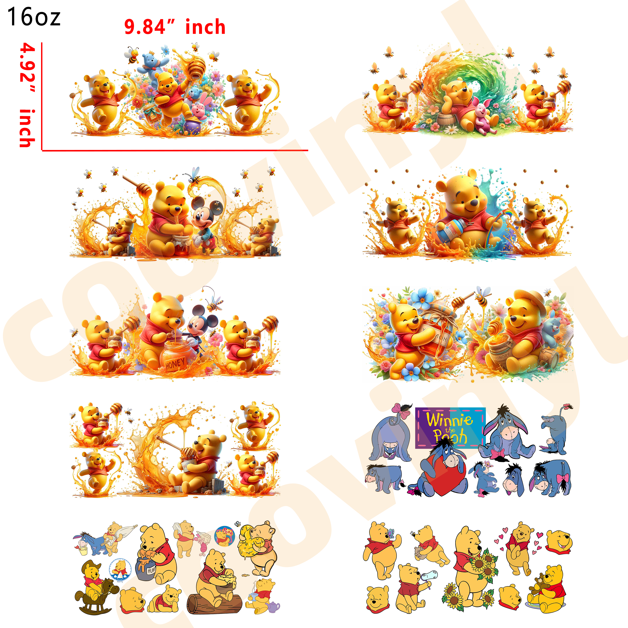(X65)  20pcs  winnie the pooh 16OZ Tumbler Cup Wraps, Waterproof Fade-Resistant Decal Stickers, Vivid HD Print with Strong Adhesion, Customizable Transfers for Glass Cups, Mugs & Smooth Surfaces, DIY Art Craft Supplies