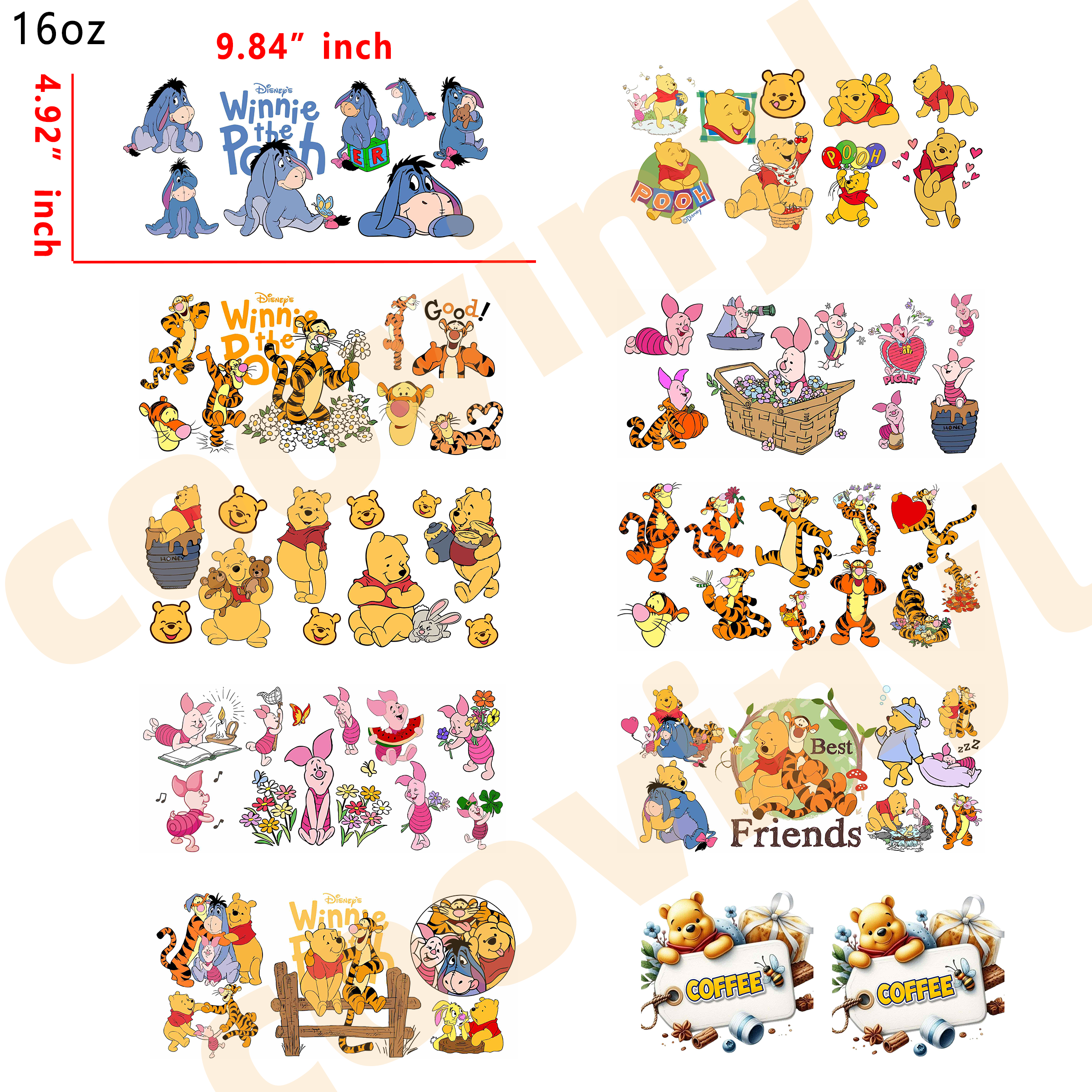 (X65)  20pcs  winnie the pooh 16OZ Tumbler Cup Wraps, Waterproof Fade-Resistant Decal Stickers, Vivid HD Print with Strong Adhesion, Customizable Transfers for Glass Cups, Mugs & Smooth Surfaces, DIY Art Craft Supplies