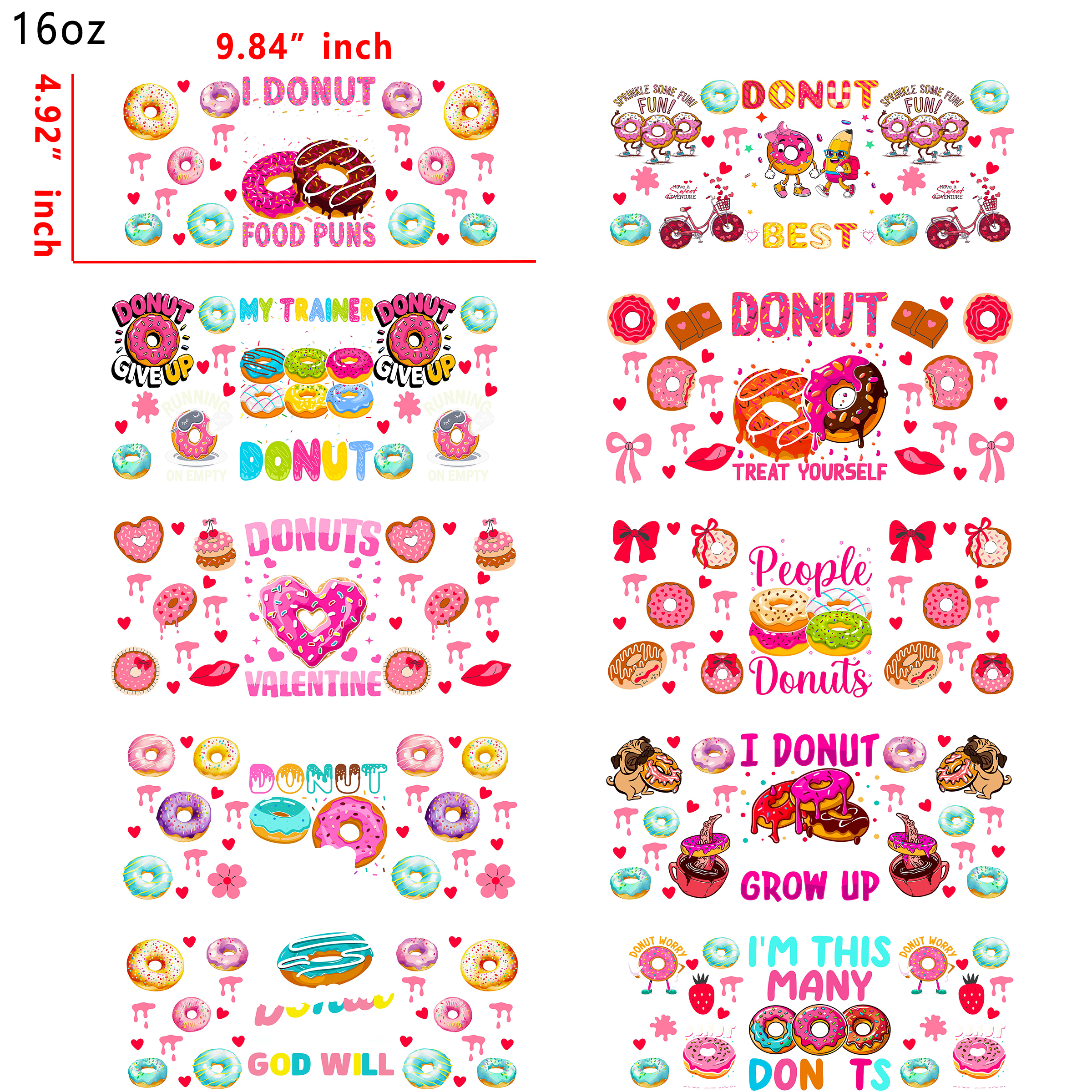 (M22) 10pcs donut 16OZ Tumbler Cup Wraps, Waterproof Fade-Resistant Decal Stickers, Vivid HD Print with Strong Adhesion, Customizable Transfers for Glass Cups, Mugs & Smooth Surfaces, DIY Art Craft Supplies