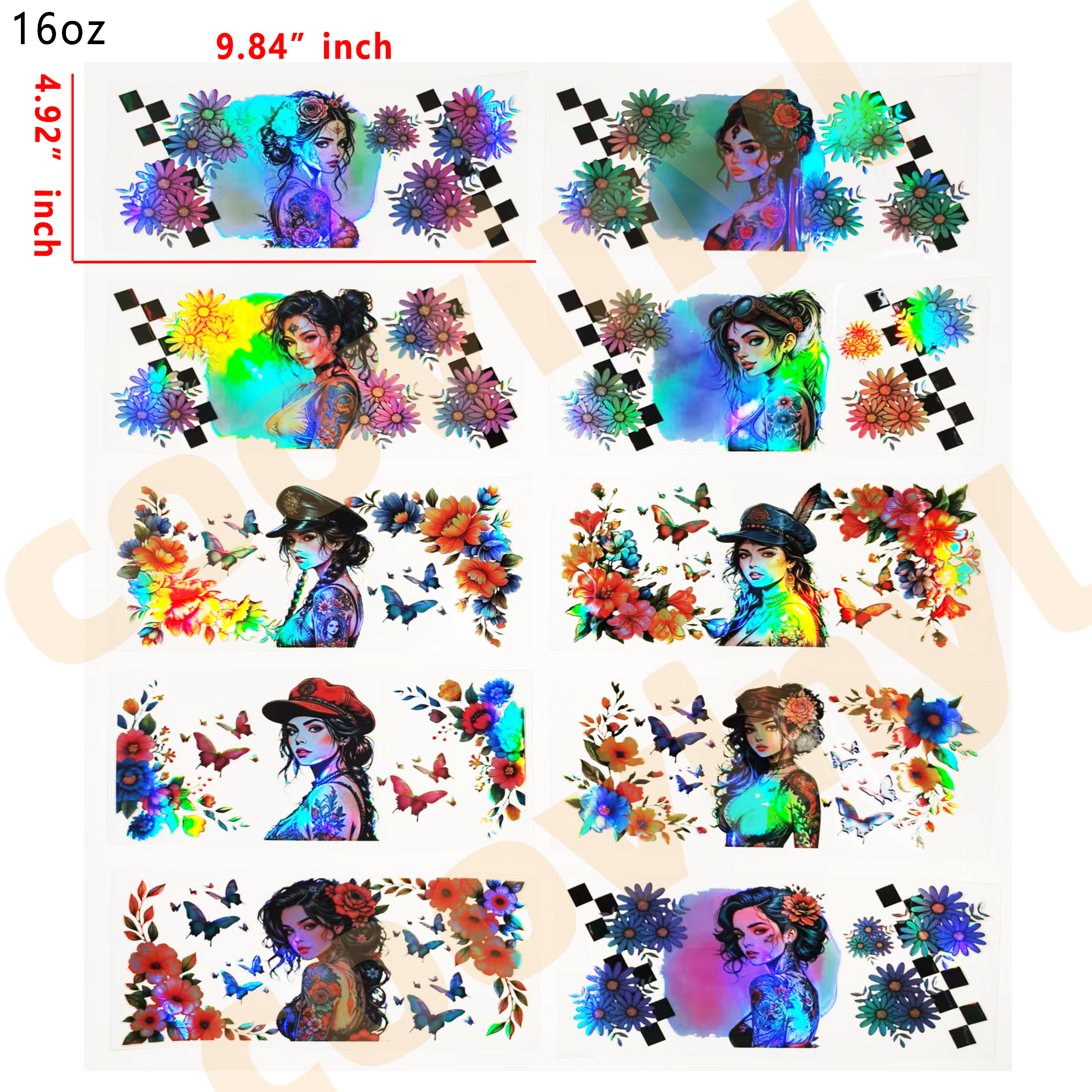 (F55) Holographic 10pcs tattoo girl UV DTF Cup Wraps for 16OZ tumblers Waterproof Acrylic Wraps for Cups Glasses &Smooth Objects Vivid Colors Strong Adhesion CustomizableStickers Decal Sticker Art Crafts Kit