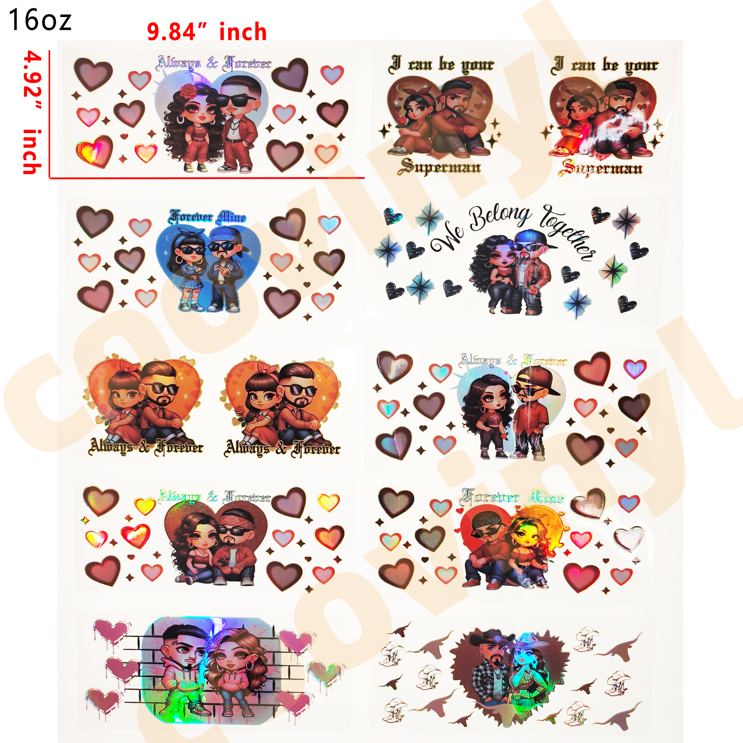 (J64) Holographic 10pcs Latino couple UV DTF Cup Wraps for 16OZ tumblers Waterproof Acrylic Wraps for Cups Glasses &Smooth Objects Vivid Colors Strong Adhesion CustomizableStickers Decal Sticker Art Crafts Kit