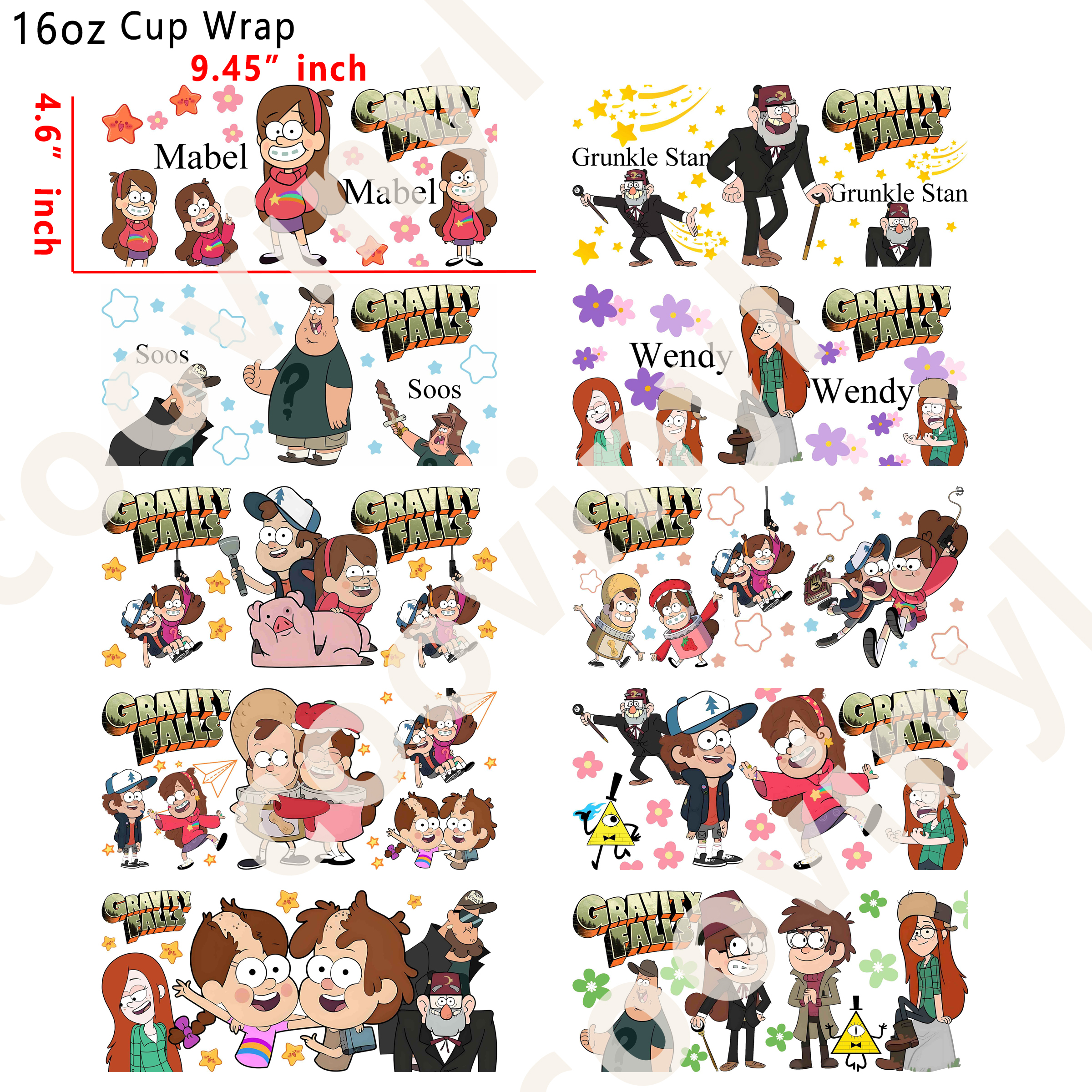 (L2)  10pcs Gravity Falls  16OZ Tumbler Cup Wraps, Waterproof Fade-Resistant Decal Stickers, Vivid HD Print with Strong Adhesion, Customizable Transfers for Glass Cups, Mugs & Smooth Surfaces, DIY Art Craft Supplies