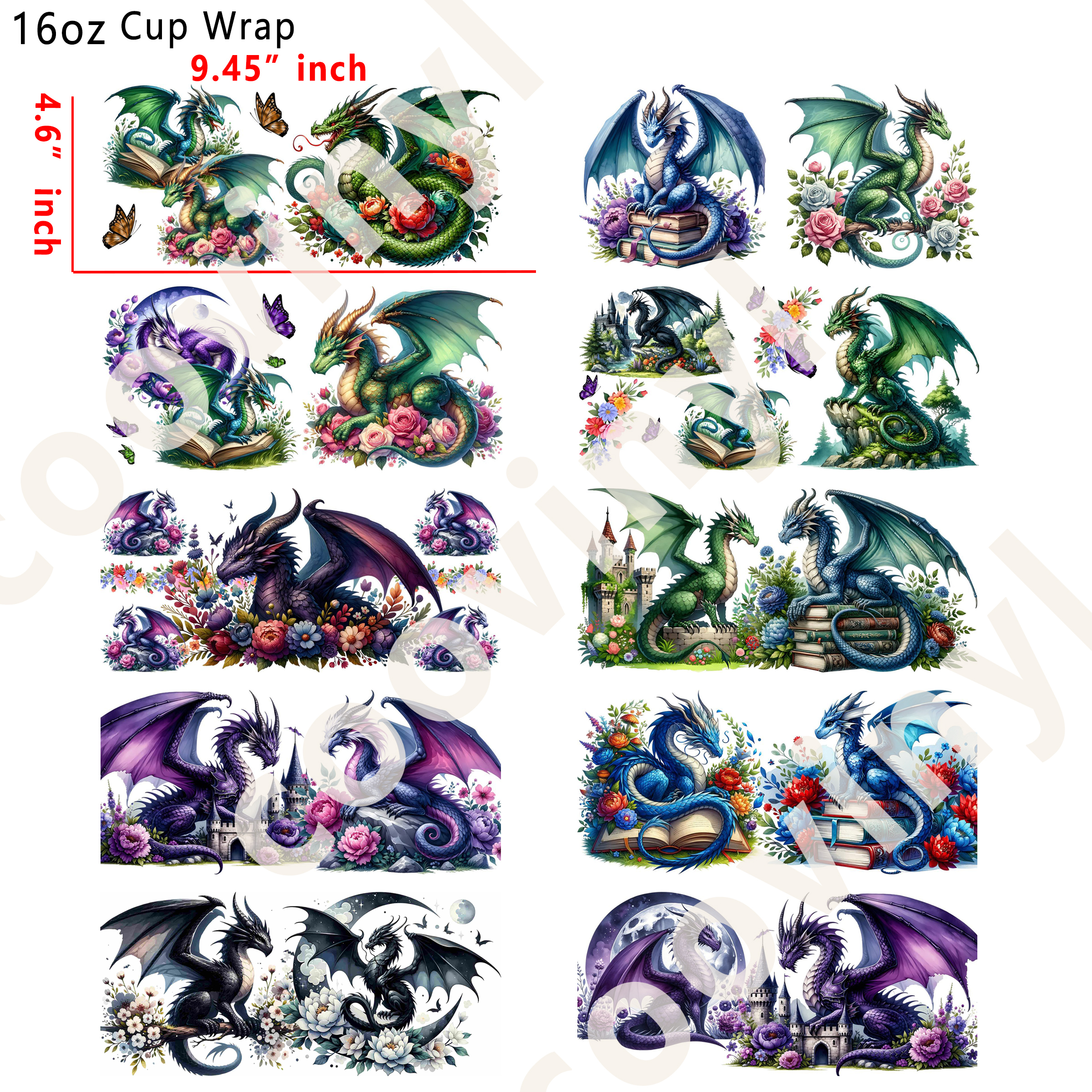 (M15)  10pcs dragon 16OZ Tumbler Cup Wraps, Waterproof Fade-Resistant Decal Stickers, Vivid HD Print with Strong Adhesion, Customizable Transfers for Glass Cups, Mugs & Smooth Surfaces, DIY Art Craft Supplies