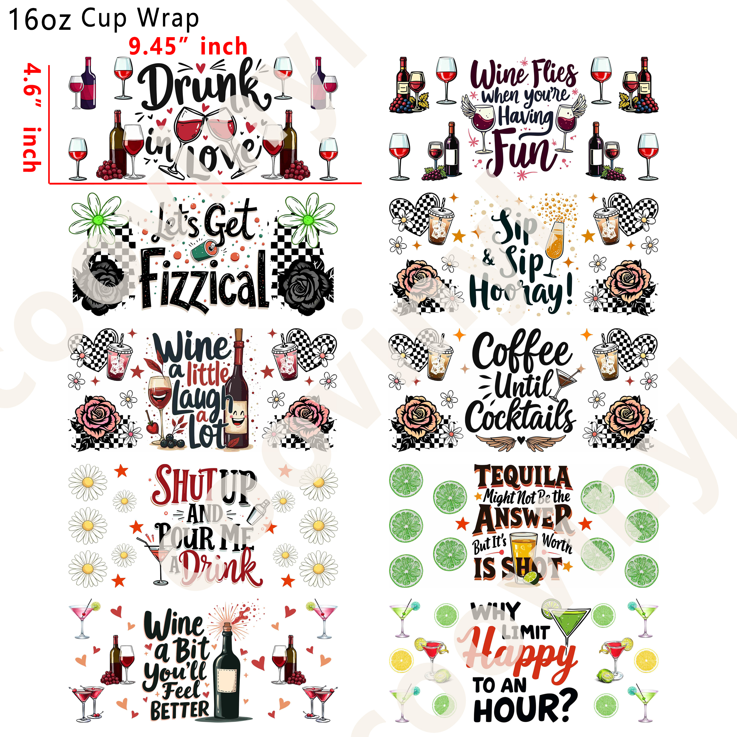 (M60)  10pcs beer 16OZ Tumbler Cup Wraps, Waterproof Fade-Resistant Decal Stickers, Vivid HD Print with Strong Adhesion, Customizable Transfers for Glass Cups, Mugs & Smooth Surfaces, DIY Art Craft Supplies