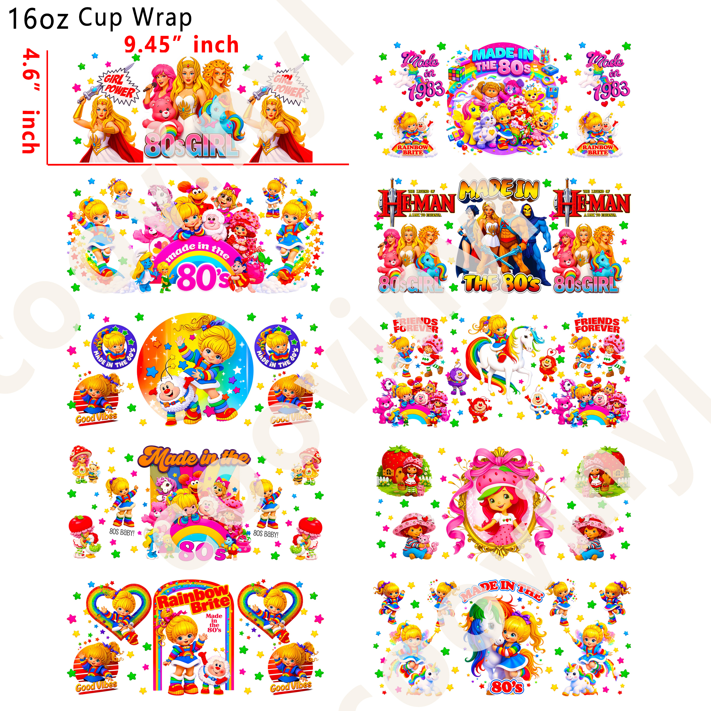 (U63)  10pcs 80s Cartoon 16OZ Tumbler Cup Wraps, Waterproof Fade-Resistant Decal Stickers, Vivid HD Print with Strong Adhesion, Customizable Transfers for Glass Cups, Mugs & Smooth Surfaces, DIY Art Craft Supplies