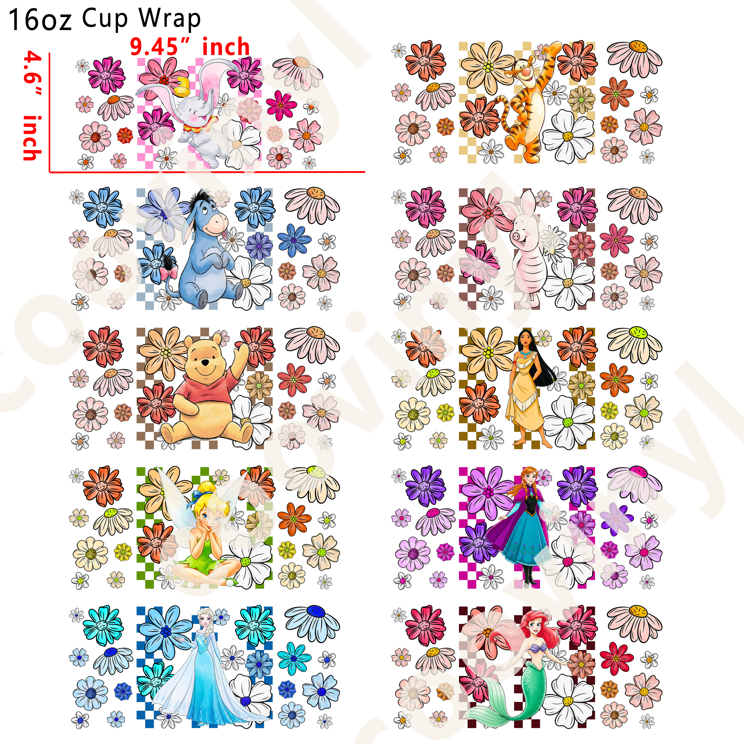 (X12)  20pcs flower Disney character 16OZ Tumbler Cup Wraps, Waterproof Fade-Resistant Decal Stickers, Vivid HD Print with Strong Adhesion, Customizable Transfers for Glass Cups, Mugs & Smooth Surfaces, DIY Art Craft Supplies