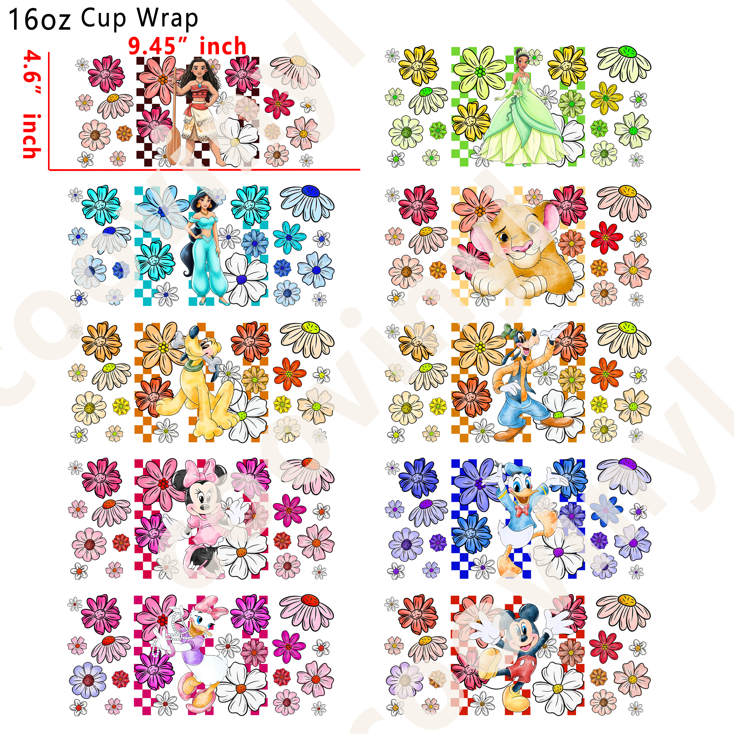 (X12)  20pcs flower Disney character 16OZ Tumbler Cup Wraps, Waterproof Fade-Resistant Decal Stickers, Vivid HD Print with Strong Adhesion, Customizable Transfers for Glass Cups, Mugs & Smooth Surfaces, DIY Art Craft Supplies