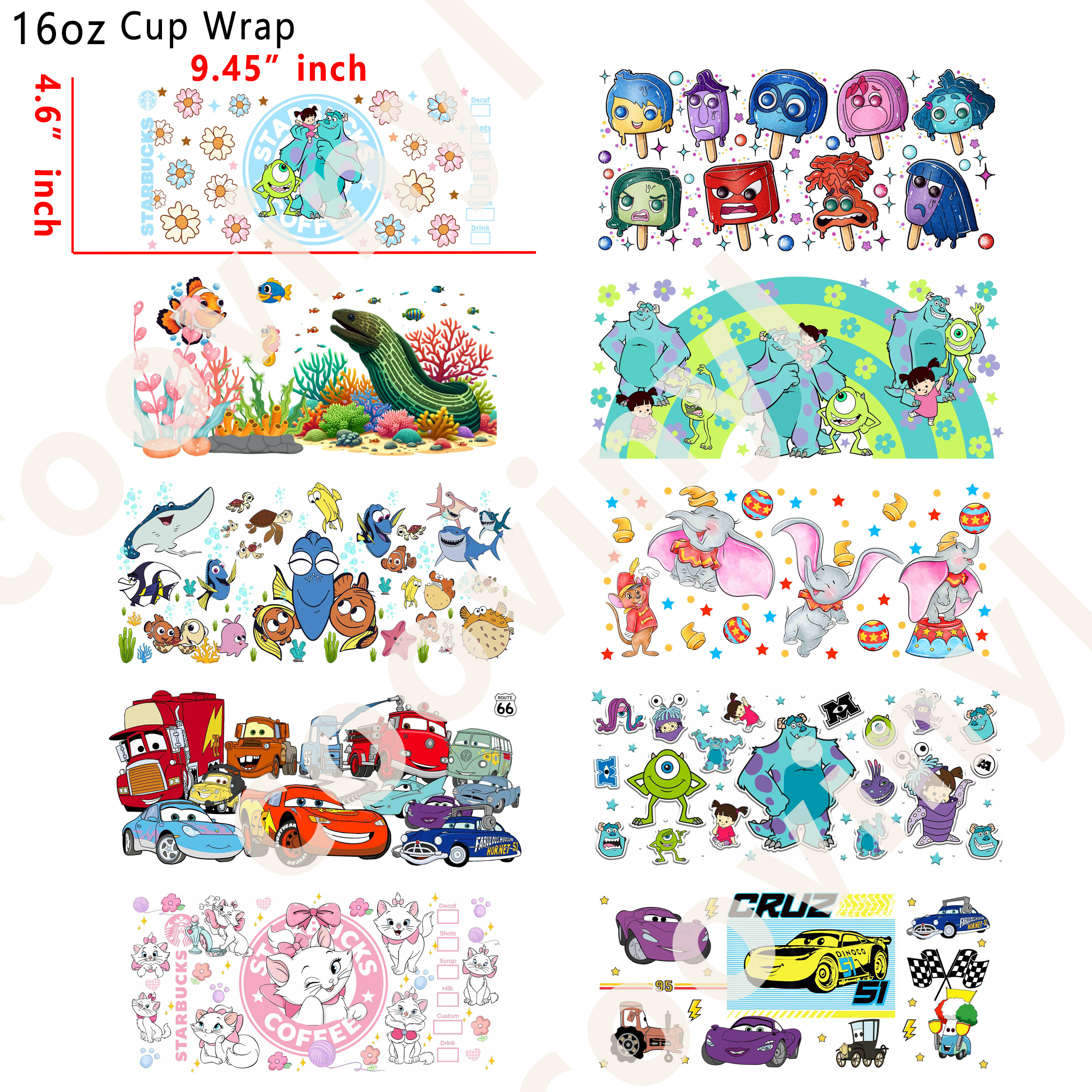 (X22)  20pcs disney cartoom 16OZ Tumbler Cup Wraps, Waterproof Fade-Resistant Decal Stickers, Vivid HD Print with Strong Adhesion, Customizable Transfers for Glass Cups, Mugs & Smooth Surfaces, DIY Art Craft Supplies