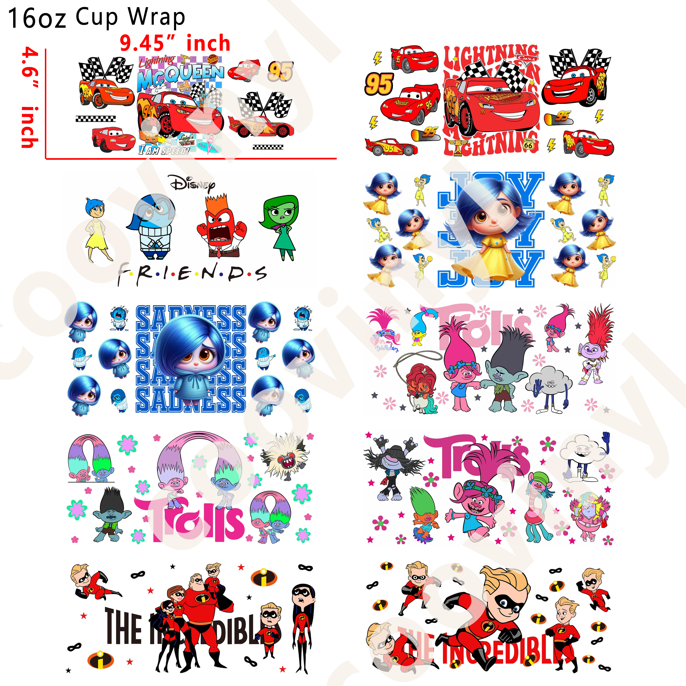 (X22)  20pcs disney cartoom 16OZ Tumbler Cup Wraps, Waterproof Fade-Resistant Decal Stickers, Vivid HD Print with Strong Adhesion, Customizable Transfers for Glass Cups, Mugs & Smooth Surfaces, DIY Art Craft Supplies
