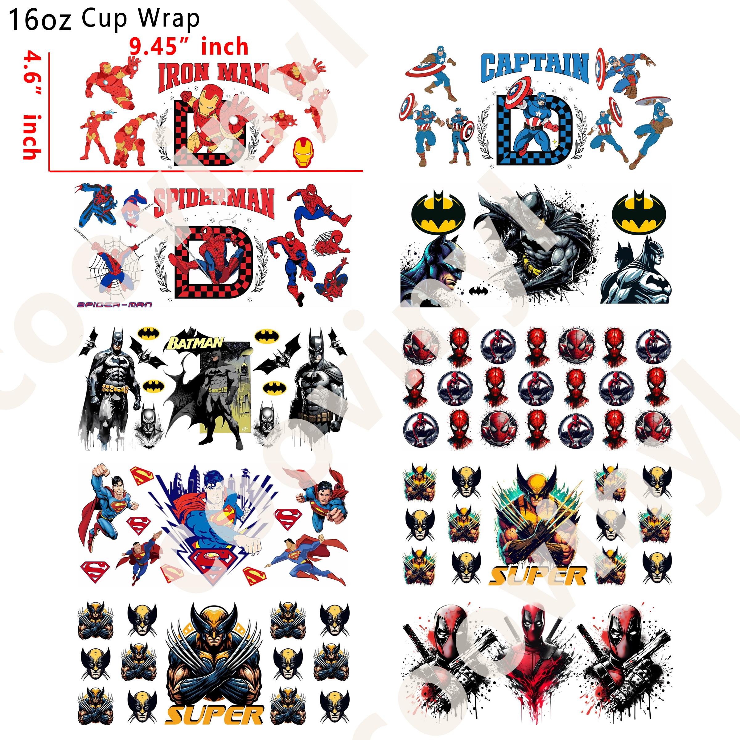 (X45)  20pcs marvel 16OZ Tumbler Cup Wraps, Waterproof Fade-Resistant Decal Stickers, Vivid HD Print with Strong Adhesion, Customizable Transfers for Glass Cups, Mugs & Smooth Surfaces, DIY Art Craft Supplies