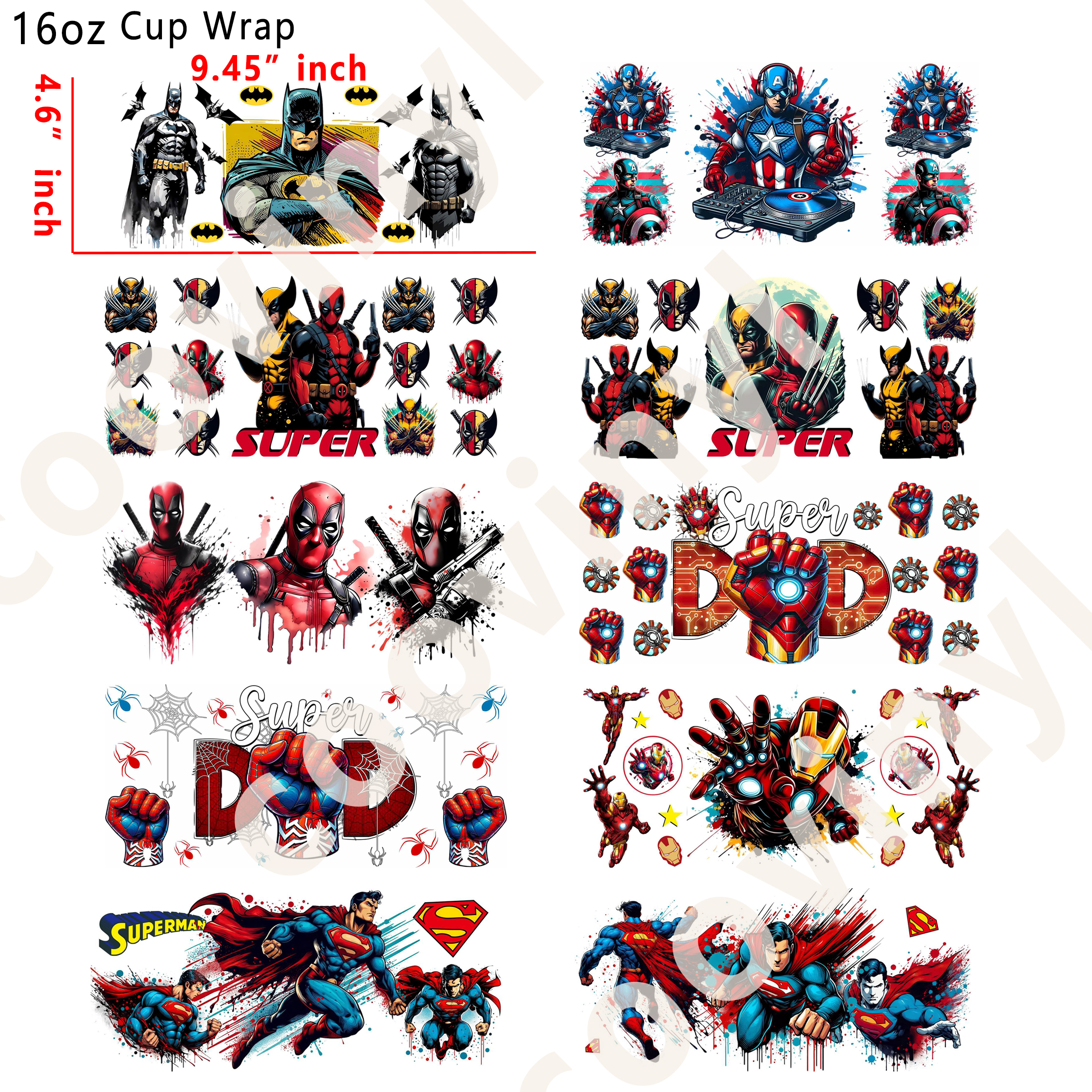(X45)  20pcs marvel 16OZ Tumbler Cup Wraps, Waterproof Fade-Resistant Decal Stickers, Vivid HD Print with Strong Adhesion, Customizable Transfers for Glass Cups, Mugs & Smooth Surfaces, DIY Art Craft Supplies