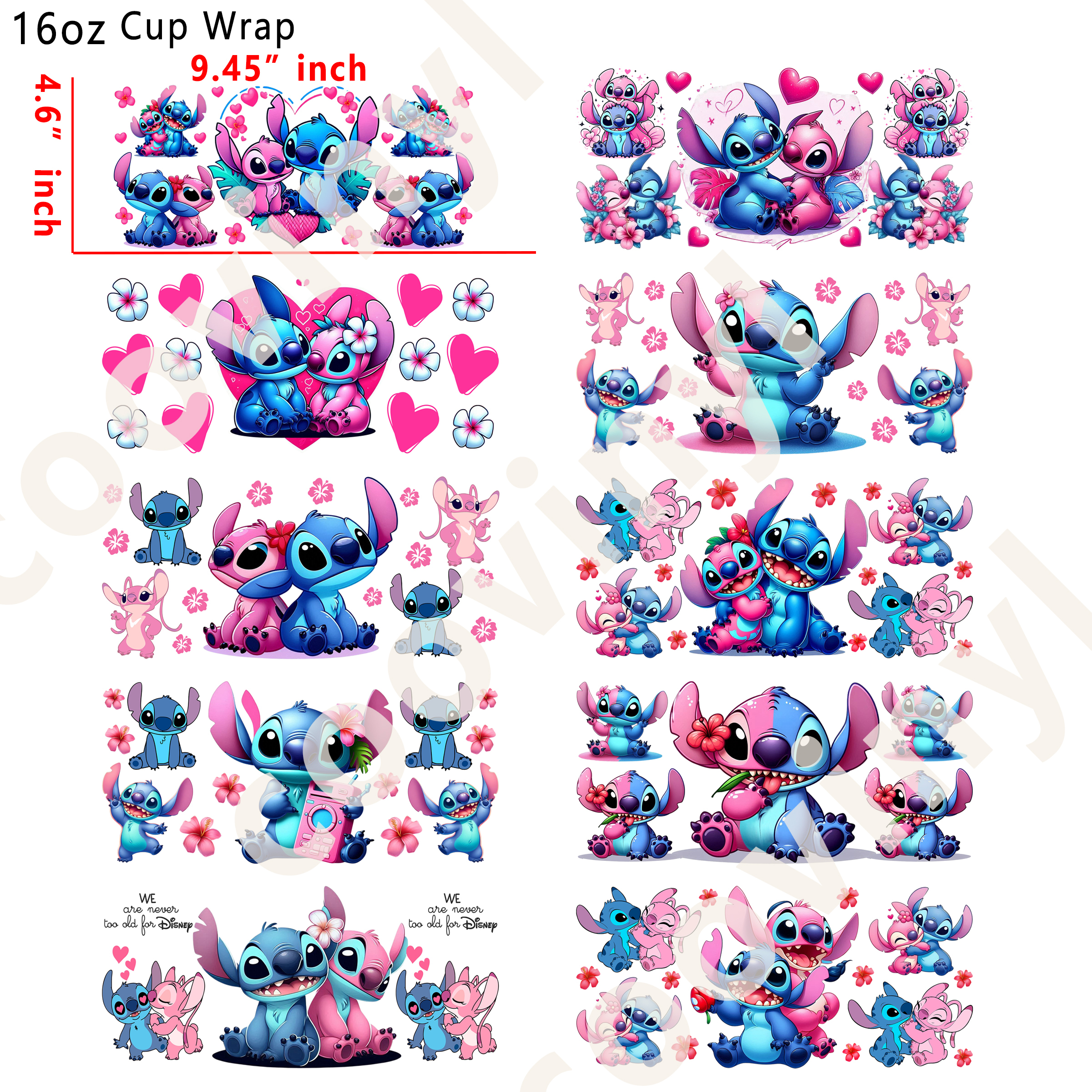 (X64)  20pcs stitch 16OZ Tumbler Cup Wraps, Waterproof Fade-Resistant Decal Stickers, Vivid HD Print with Strong Adhesion, Customizable Transfers for Glass Cups, Mugs & Smooth Surfaces, DIY Art Craft Supplies