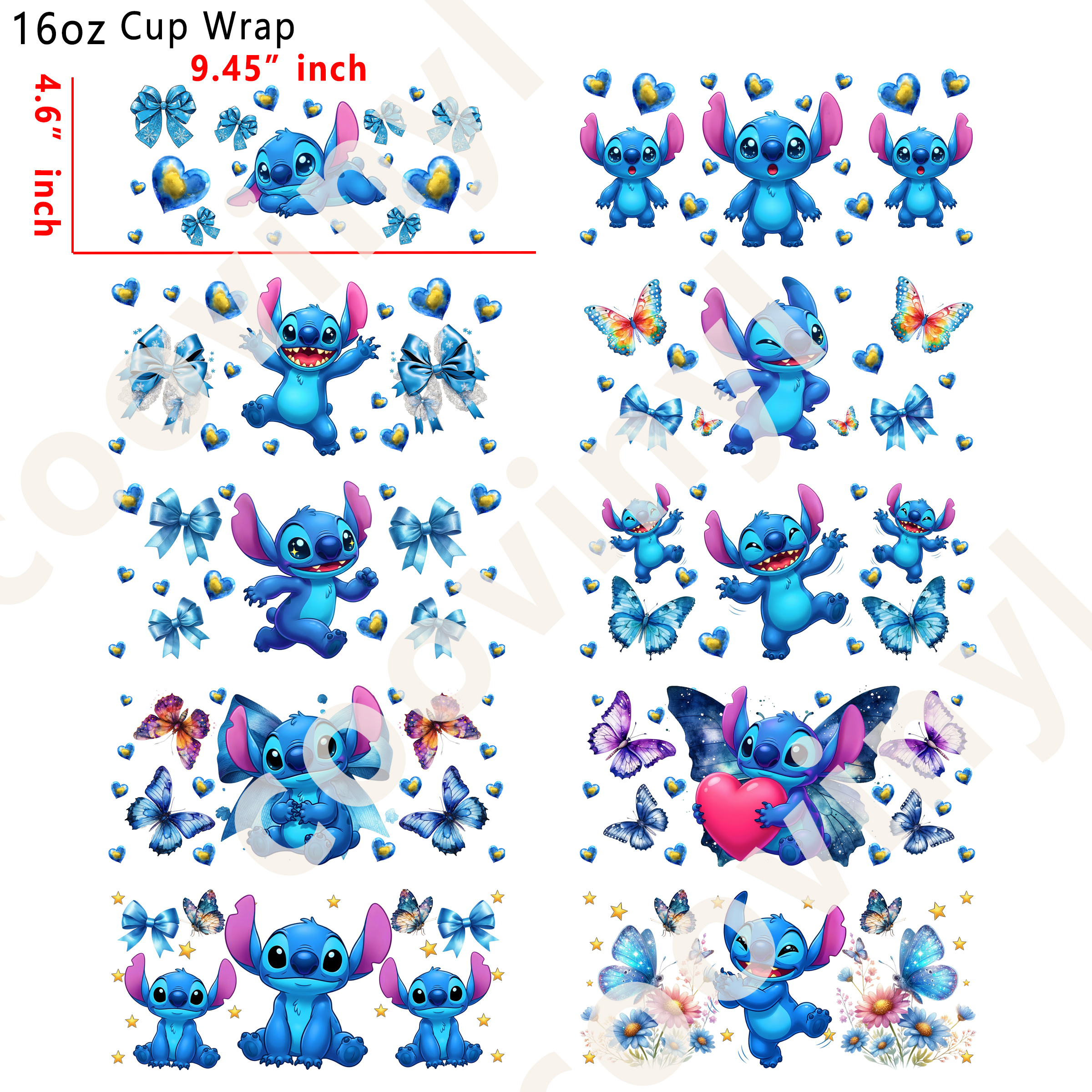 (X64)  20pcs stitch 16OZ Tumbler Cup Wraps, Waterproof Fade-Resistant Decal Stickers, Vivid HD Print with Strong Adhesion, Customizable Transfers for Glass Cups, Mugs & Smooth Surfaces, DIY Art Craft Supplies