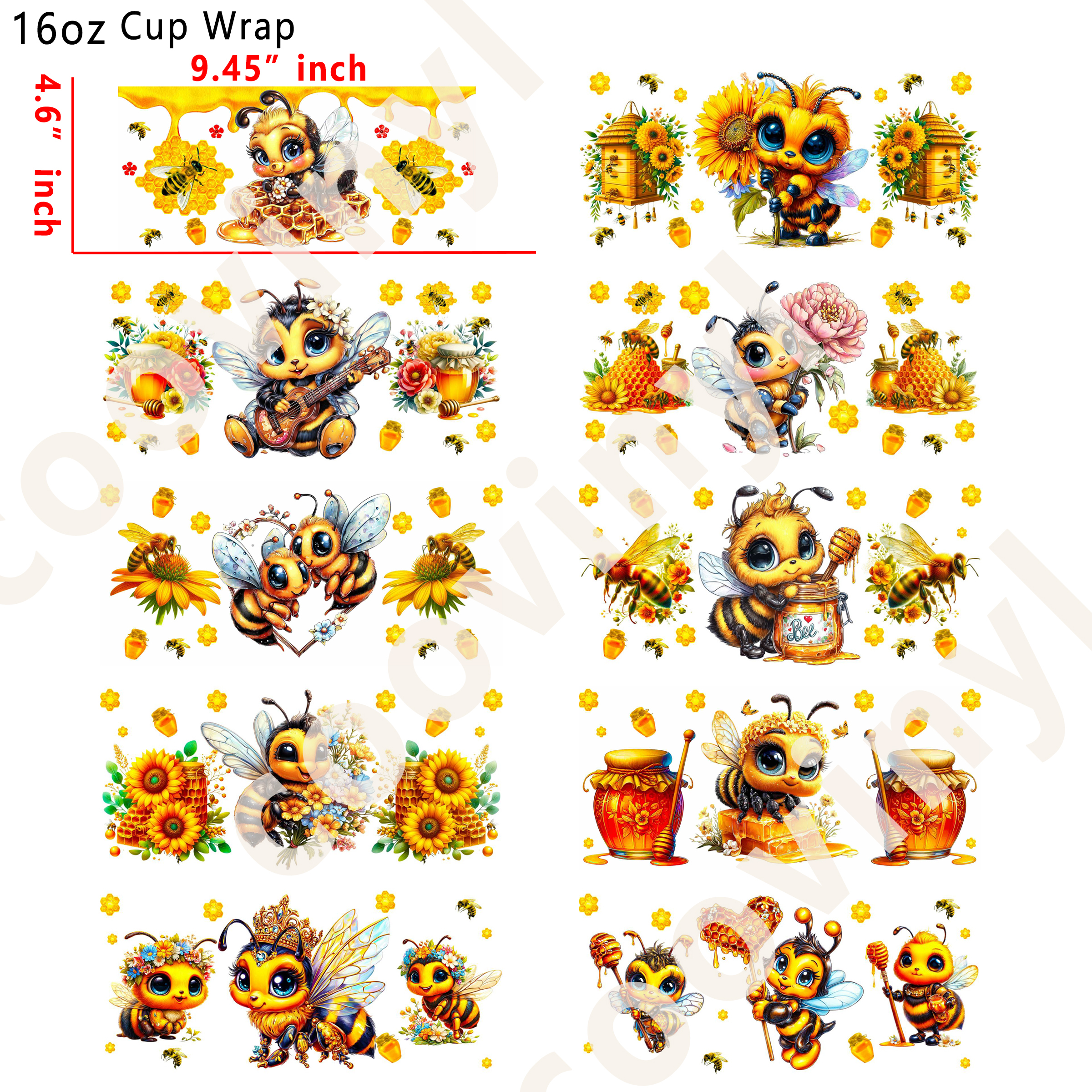 (X93)  20pcs bee 16OZ Tumbler Cup Wraps, Waterproof Fade-Resistant Decal Stickers, Vivid HD Print with Strong Adhesion, Customizable Transfers for Glass Cups, Mugs & Smooth Surfaces, DIY Art Craft Supplies