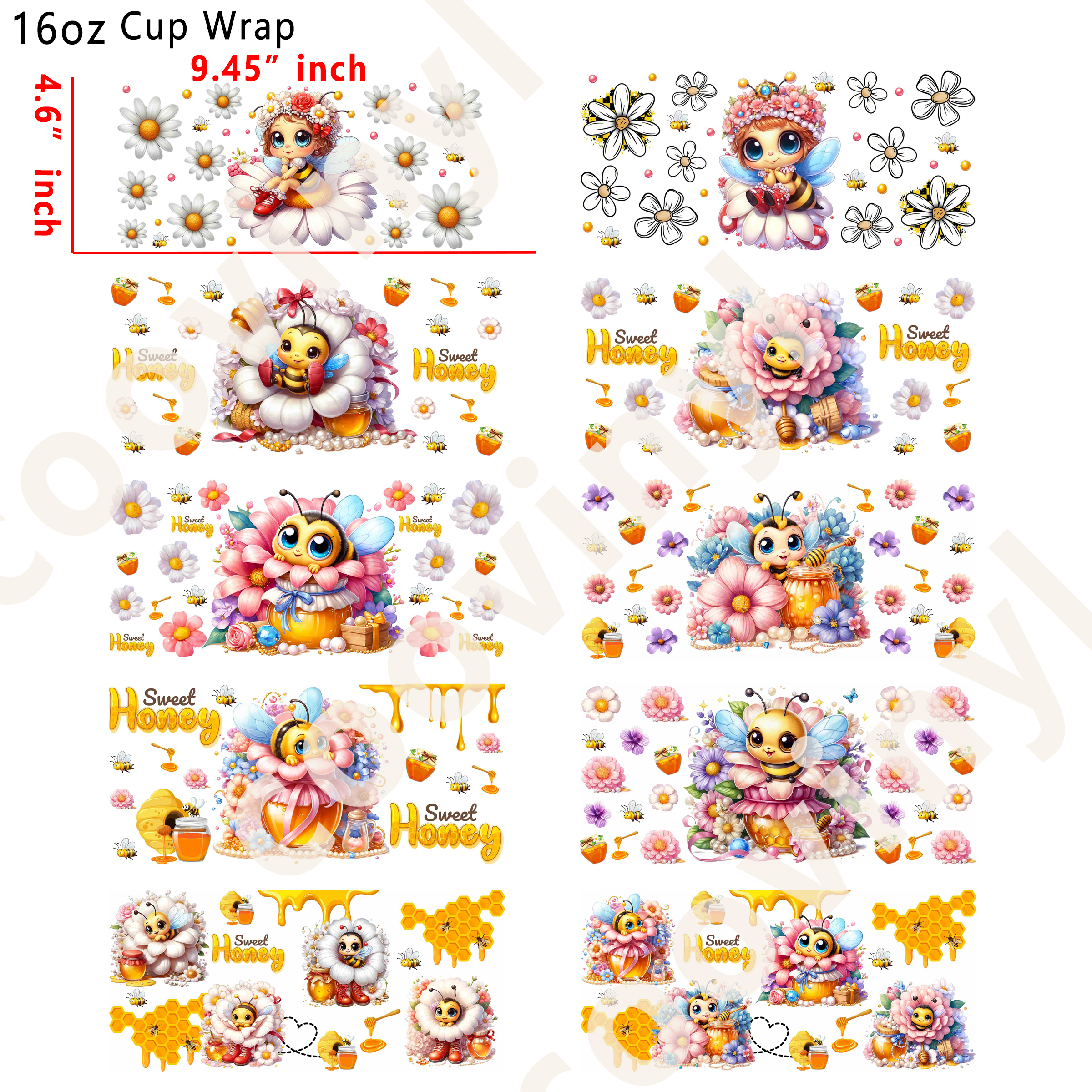 (X93)  20pcs bee 16OZ Tumbler Cup Wraps, Waterproof Fade-Resistant Decal Stickers, Vivid HD Print with Strong Adhesion, Customizable Transfers for Glass Cups, Mugs & Smooth Surfaces, DIY Art Craft Supplies