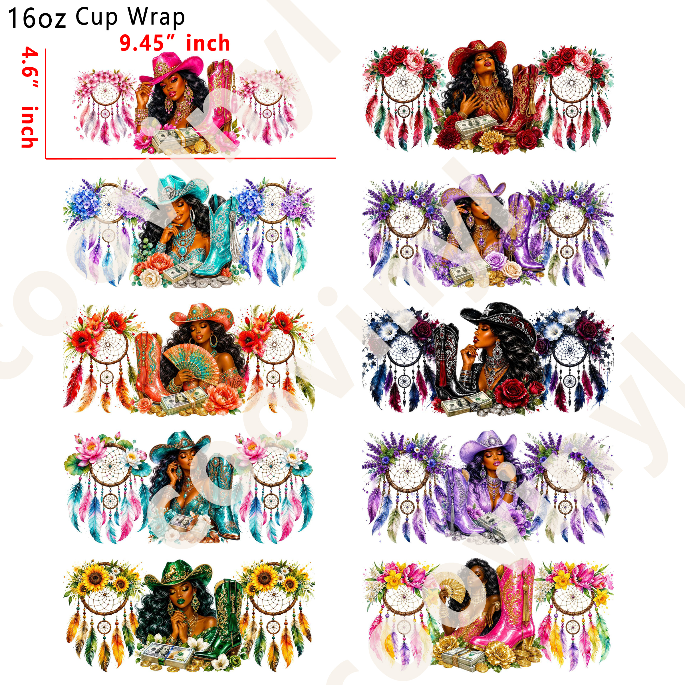 (X95)  20pcs black people dreamcatcher 16OZ Tumbler Cup Wraps, Waterproof Fade-Resistant Decal Stickers, Vivid HD Print with Strong Adhesion, Customizable Transfers for Glass Cups, Mugs & Smooth Surfaces, DIY Art Craft Supplies