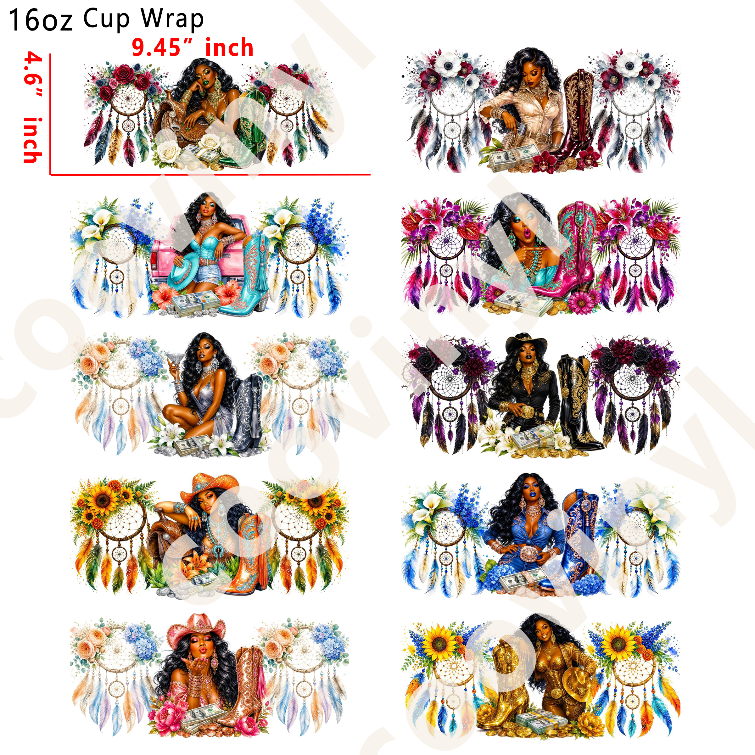 (X95)  20pcs black people dreamcatcher 16OZ Tumbler Cup Wraps, Waterproof Fade-Resistant Decal Stickers, Vivid HD Print with Strong Adhesion, Customizable Transfers for Glass Cups, Mugs & Smooth Surfaces, DIY Art Craft Supplies