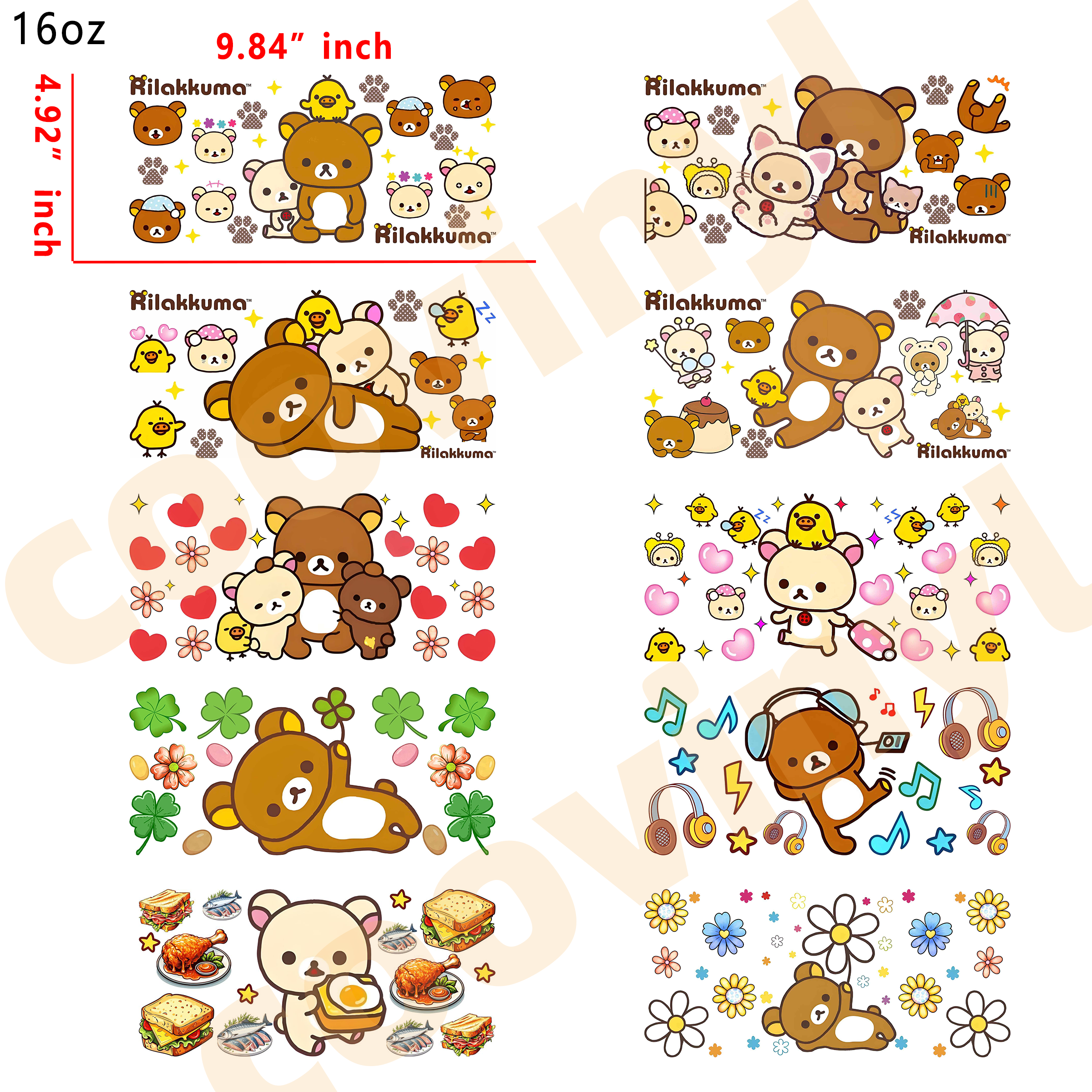 (L52)  10pcs  Rilakkuma 16OZ Tumbler Cup Wraps, Waterproof Fade-Resistant Decal Stickers, Vivid HD Print with Strong Adhesion, Customizable Transfers for Glass Cups, Mugs & Smooth Surfaces, DIY Art Craft Supplies