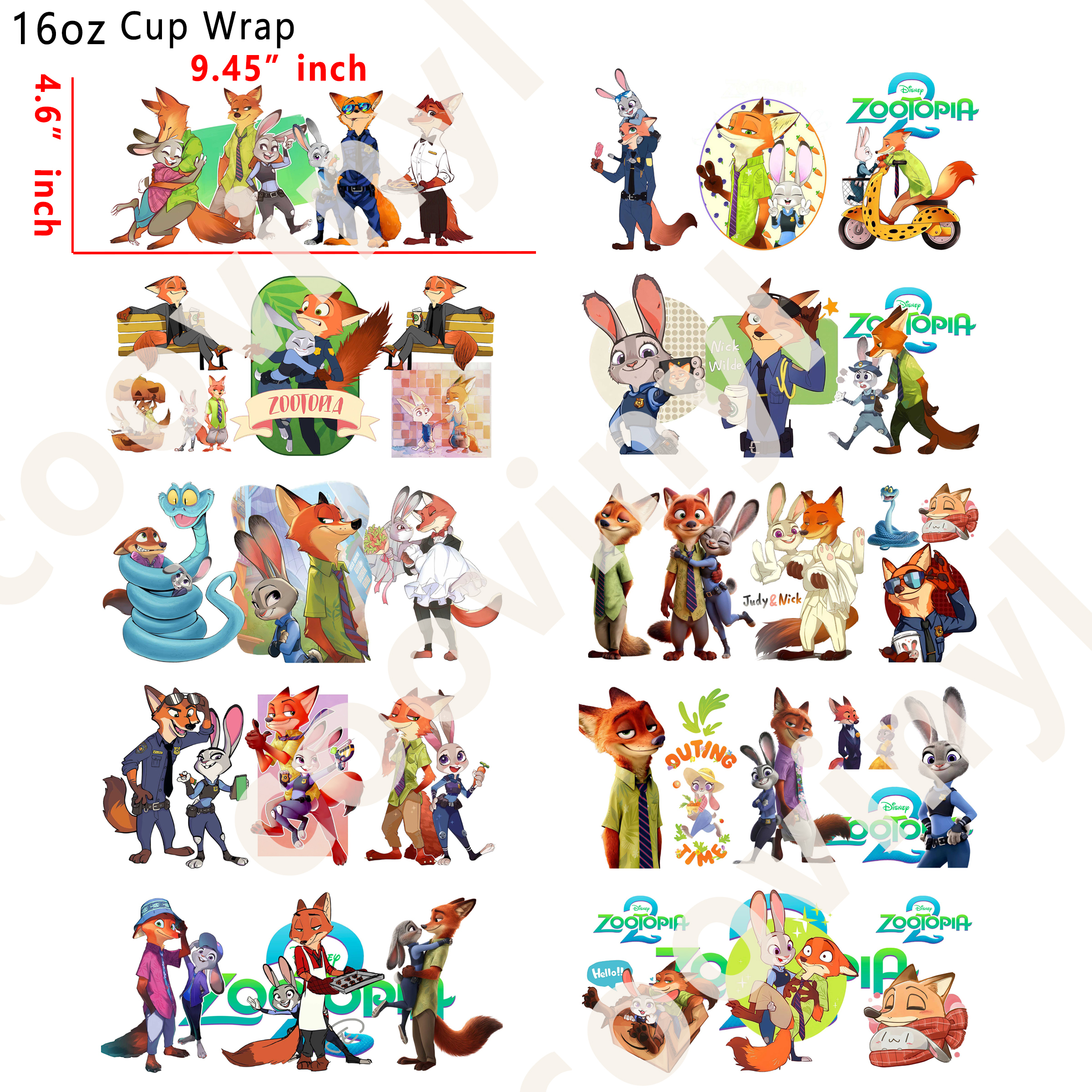 (M30)  10pcs Zootopia 16OZ Tumbler Cup Wraps, Waterproof Fade-Resistant Decal Stickers, Vivid HD Print with Strong Adhesion, Customizable Transfers for Glass Cups, Mugs & Smooth Surfaces, DIY Art Craft Supplies