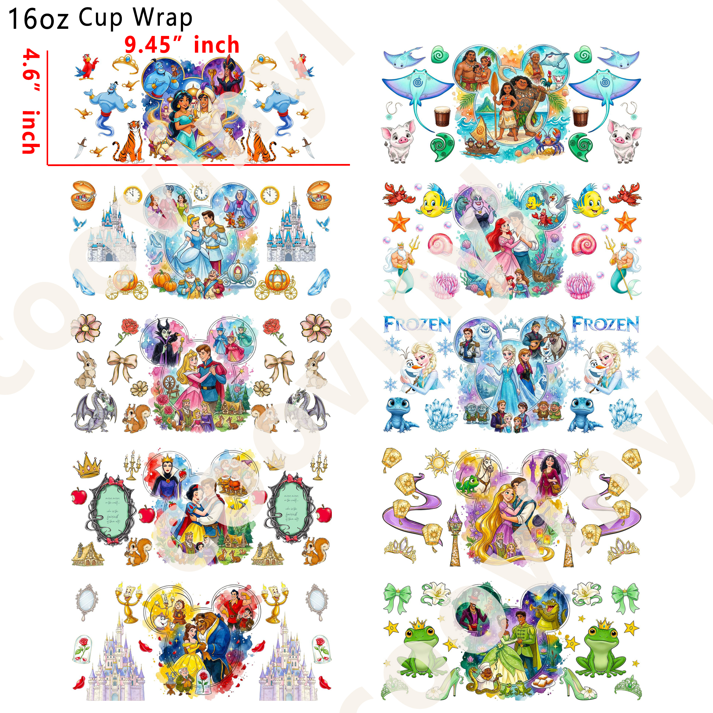 (L80)  10pcs princess mix 16OZ Tumbler Cup Wraps, Waterproof Fade-Resistant Decal Stickers, Vivid HD Print with Strong Adhesion, Customizable Transfers for Glass Cups, Mugs & Smooth Surfaces, DIY Art Craft Supplies