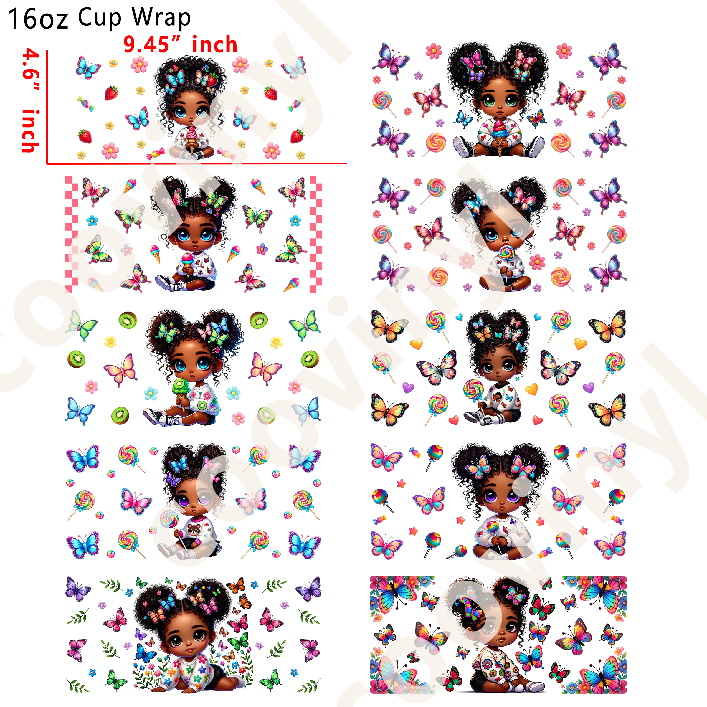 (L48)  10pcs black girl 16OZ Tumbler Cup Wraps, Waterproof Fade-Resistant Decal Stickers, Vivid HD Print with Strong Adhesion, Customizable Transfers for Glass Cups, Mugs & Smooth Surfaces, DIY Art Craft Supplies