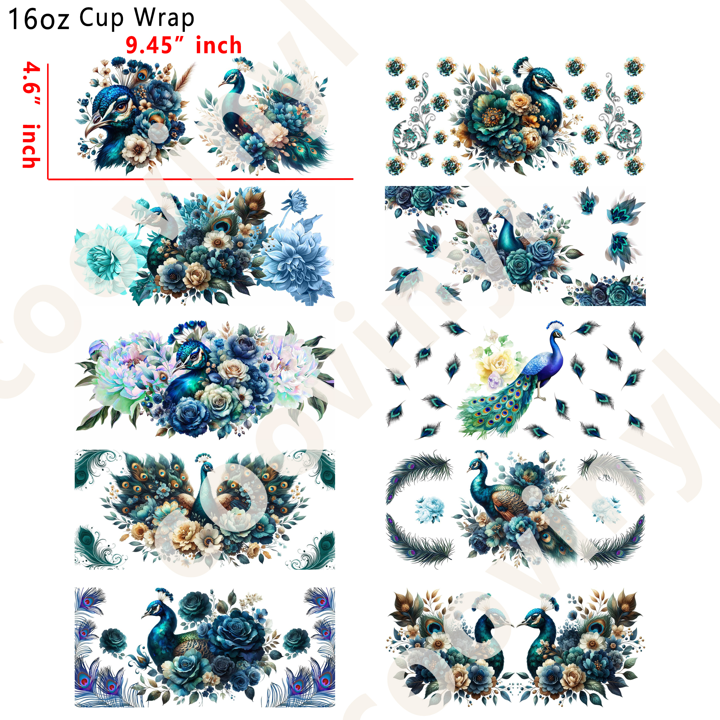 (R27)  10pcs Peacock 16OZ Tumbler Cup Wraps, Waterproof Fade-Resistant Decal Stickers, Vivid HD Print with Strong Adhesion, Customizable Transfers for Glass Cups, Mugs & Smooth Surfaces, DIY Art Craft Supplies