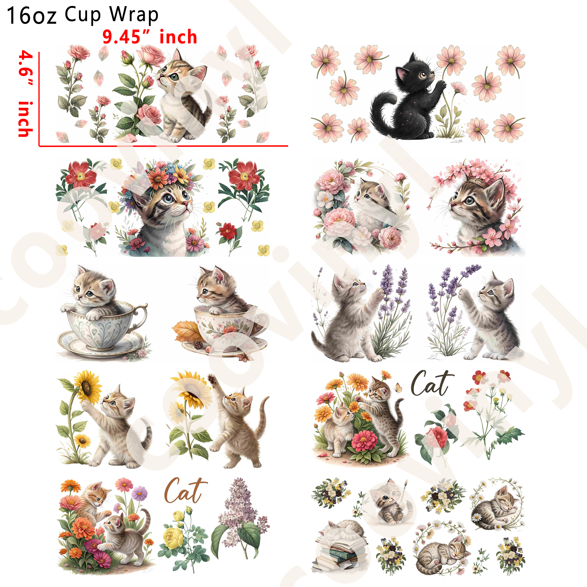 (L86)  10pcs cat 16OZ Tumbler Cup Wraps, Waterproof Fade-Resistant Decal Stickers, Vivid HD Print with Strong Adhesion, Customizable Transfers for Glass Cups, Mugs & Smooth Surfaces, DIY Art Craft Supplies