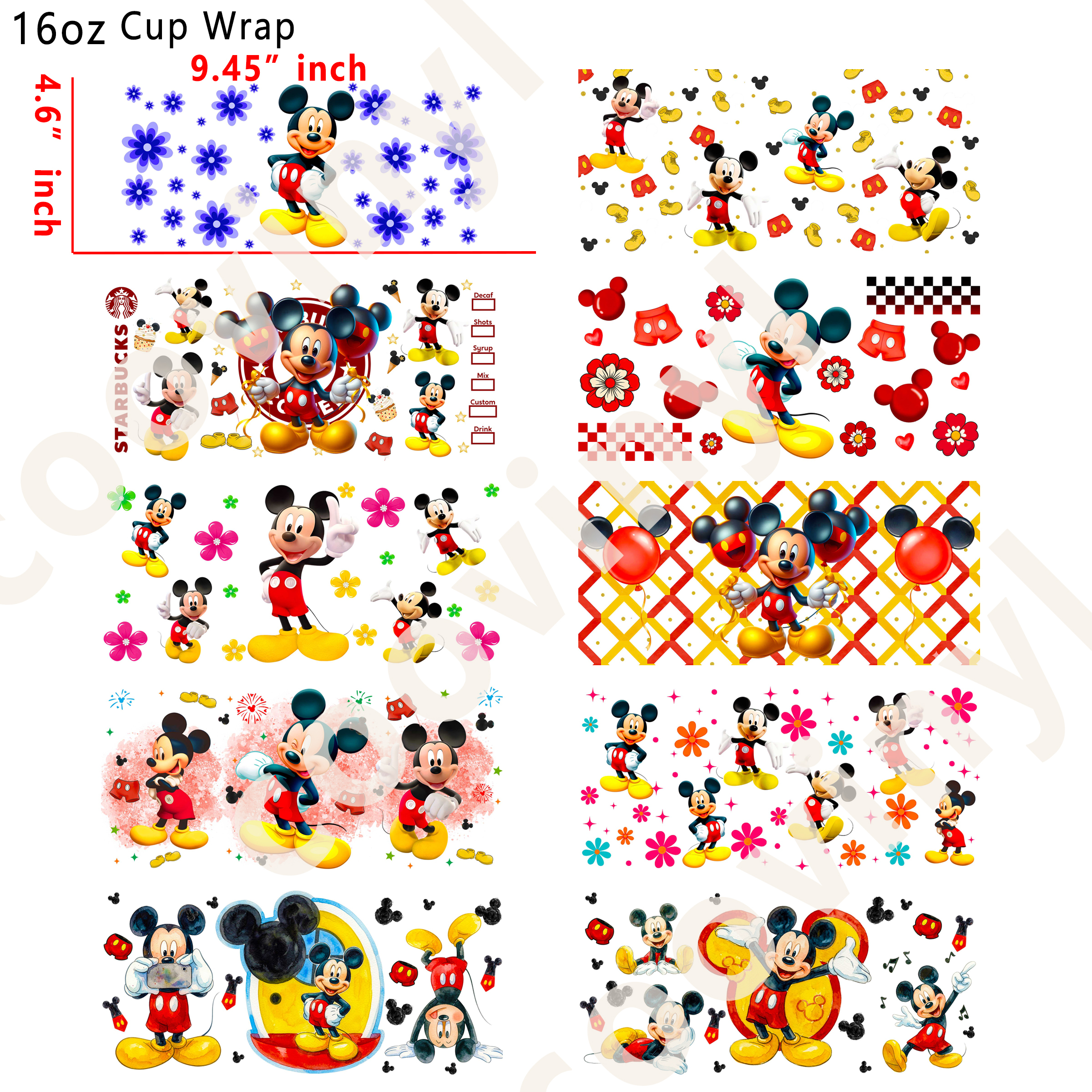 (K98)  10pcs mickey 16OZ Tumbler Cup Wraps, Waterproof Fade-Resistant Decal Stickers, Vivid HD Print with Strong Adhesion, Customizable Transfers for Glass Cups, Mugs & Smooth Surfaces, DIY Art Craft Supplies