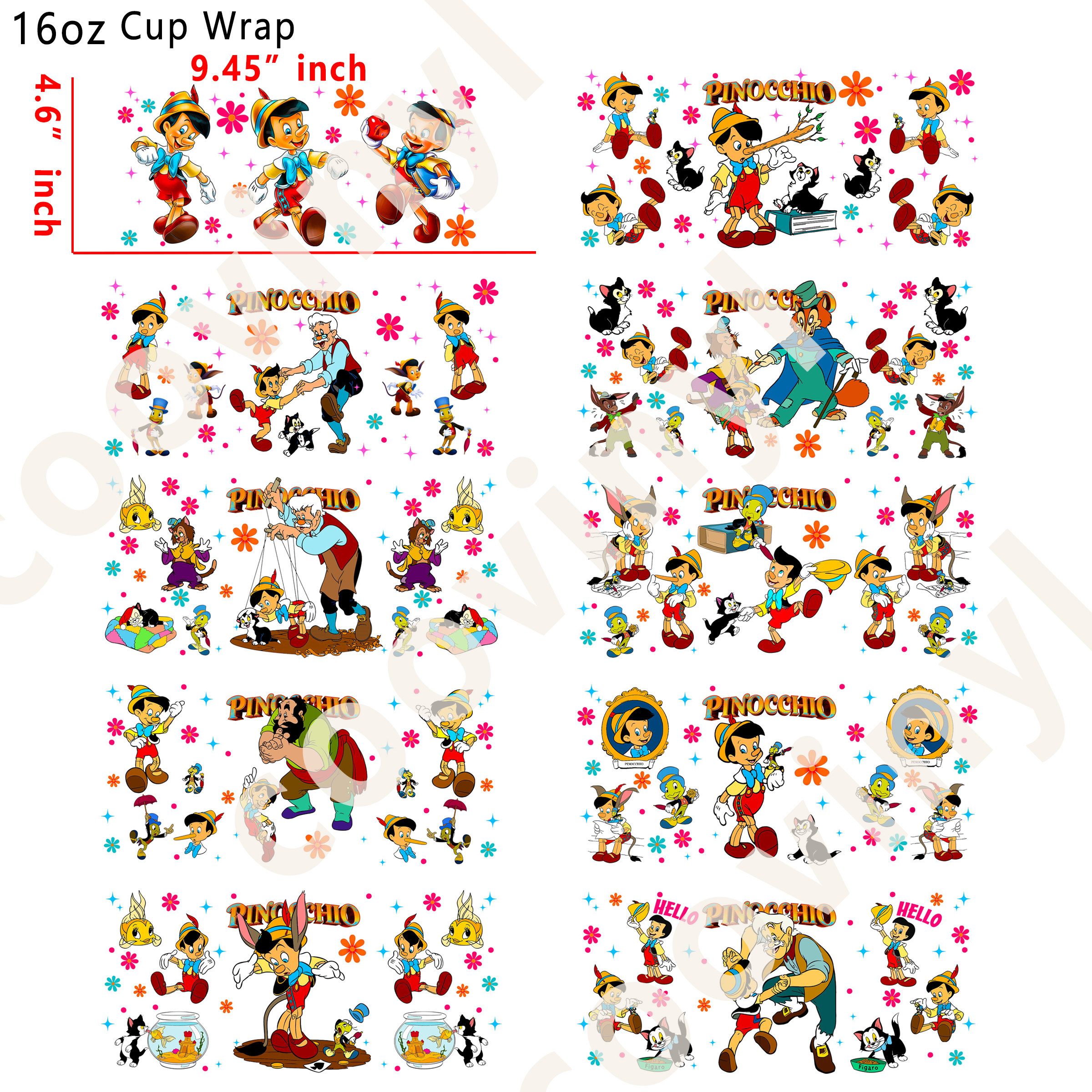 (R23)  10pcs pinocchio 16OZ Tumbler Cup Wraps, Waterproof Fade-Resistant Decal Stickers, Vivid HD Print with Strong Adhesion, Customizable Transfers for Glass Cups, Mugs & Smooth Surfaces, DIY Art Craft Supplies