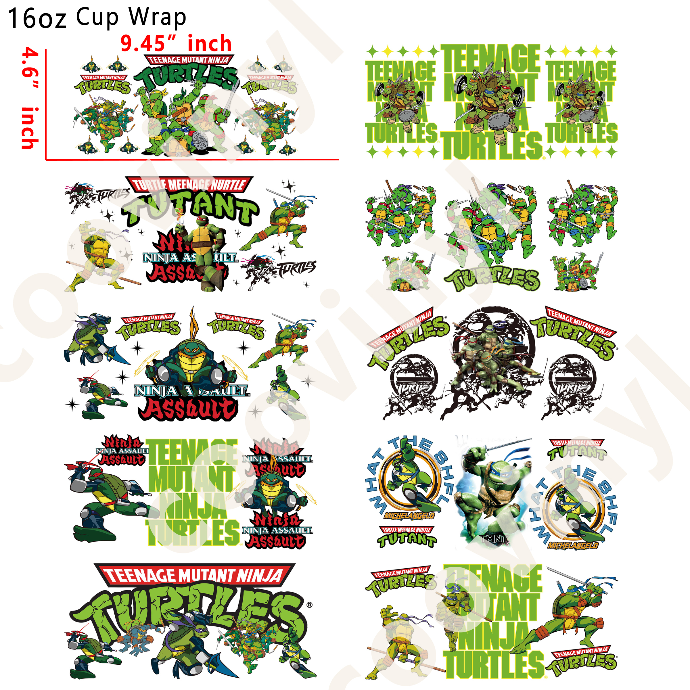 (T10)  10pcs jinja turtles  16OZ Tumbler Cup Wraps, Waterproof Fade-Resistant Decal Stickers, Vivid HD Print with Strong Adhesion, Customizable Transfers for Glass Cups, Mugs & Smooth Surfaces, DIY Art Craft Supplies