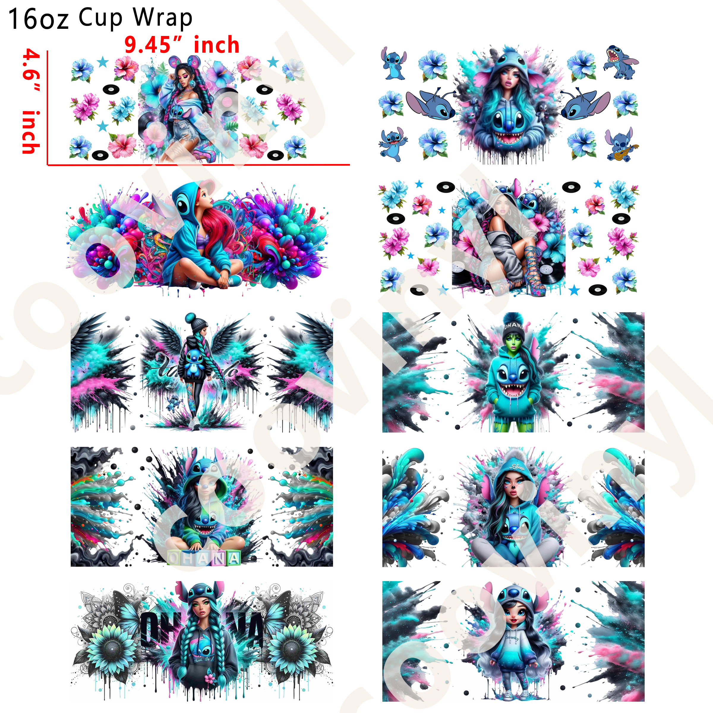 (L78)  10pcs stitch girl  16OZ Tumbler Cup Wraps, Waterproof Fade-Resistant Decal Stickers, Vivid HD Print with Strong Adhesion, Customizable Transfers for Glass Cups, Mugs & Smooth Surfaces, DIY Art Craft Supplies