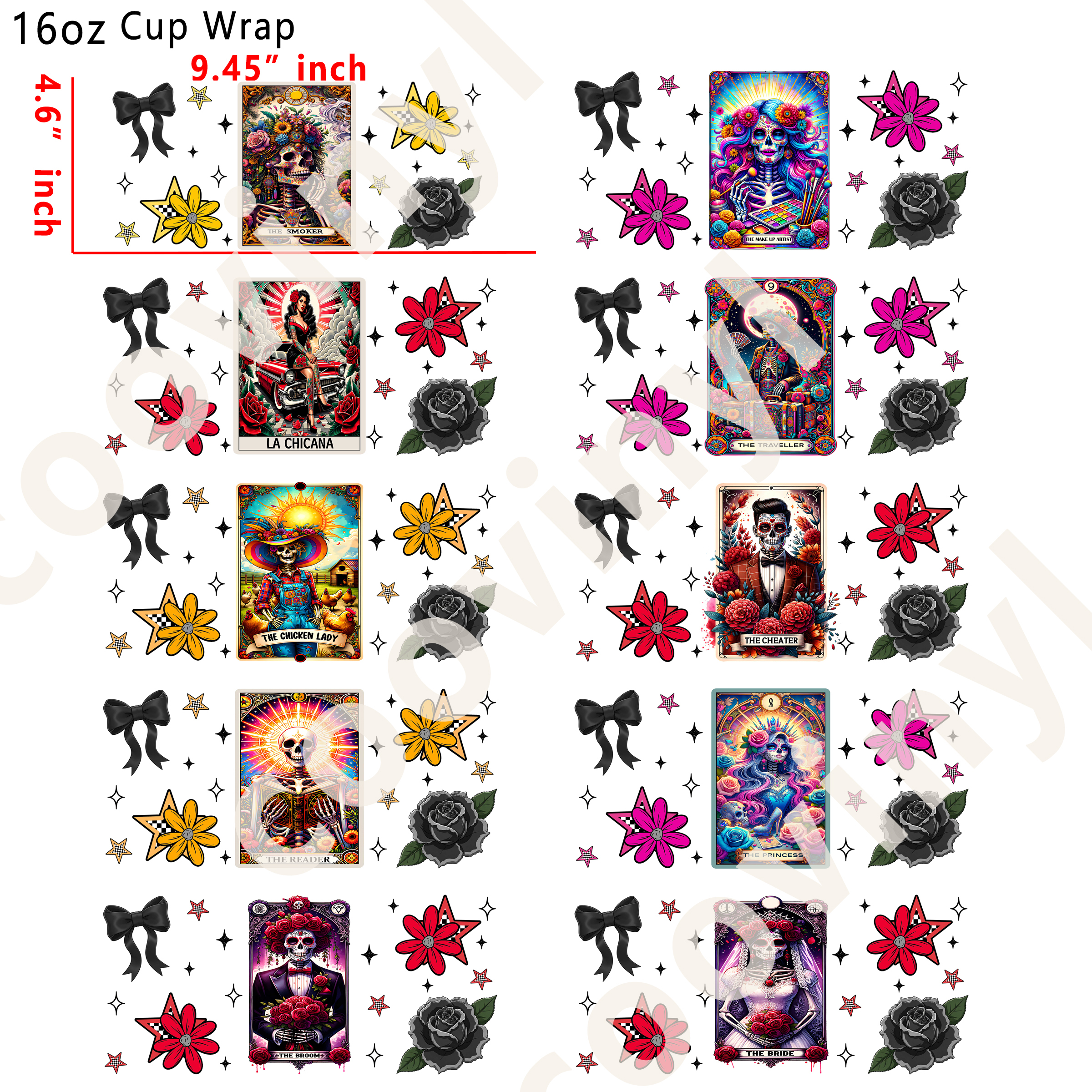 (R25)  10pcs Tarot Card   16OZ Tumbler Cup Wraps, Waterproof Fade-Resistant Decal Stickers, Vivid HD Print with Strong Adhesion, Customizable Transfers for Glass Cups, Mugs & Smooth Surfaces, DIY Art Craft Supplies