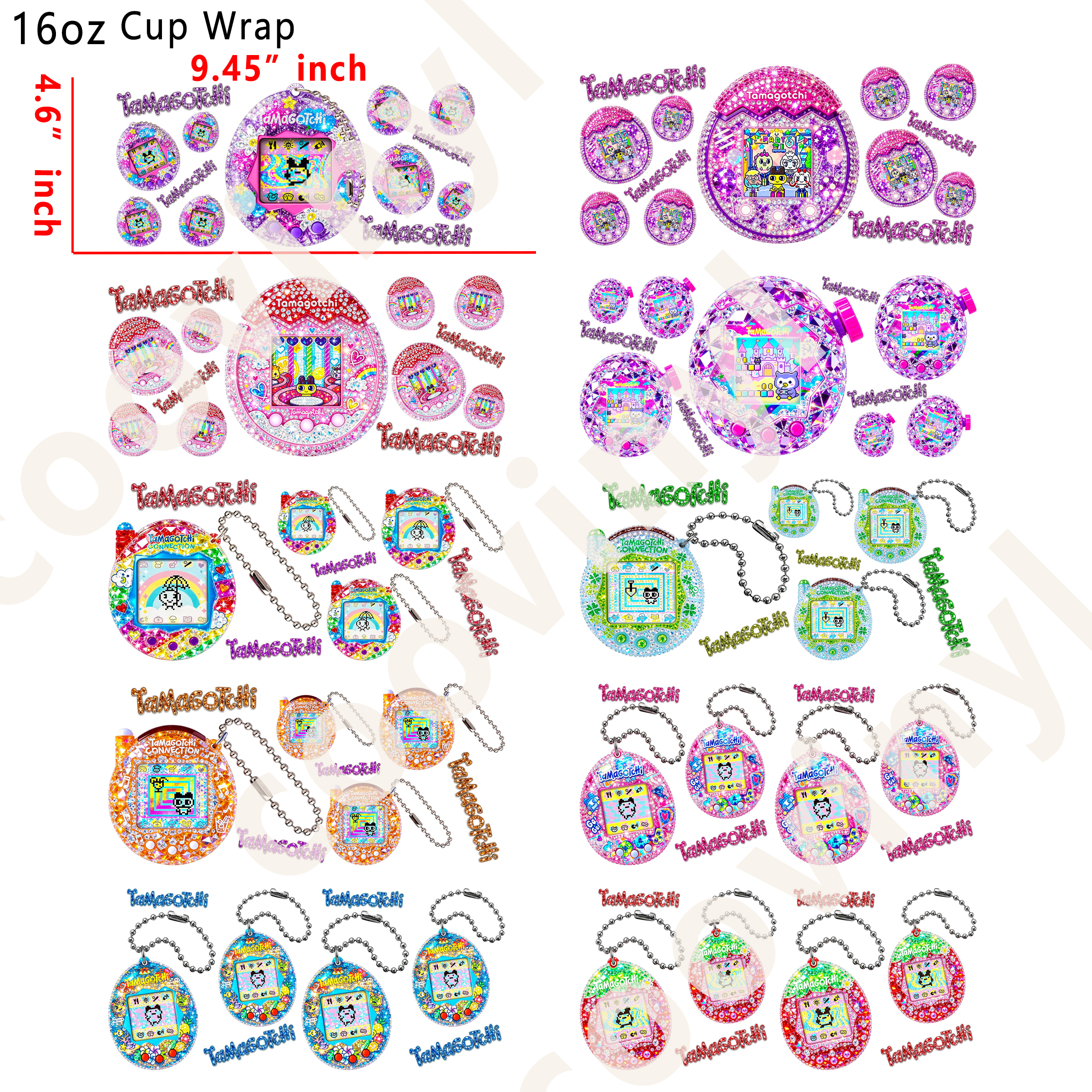 (M87)  10pcs Tamagotchi   16OZ Tumbler Cup Wraps, Waterproof Fade-Resistant Decal Stickers, Vivid HD Print with Strong Adhesion, Customizable Transfers for Glass Cups, Mugs & Smooth Surfaces, DIY Art Craft Supplies