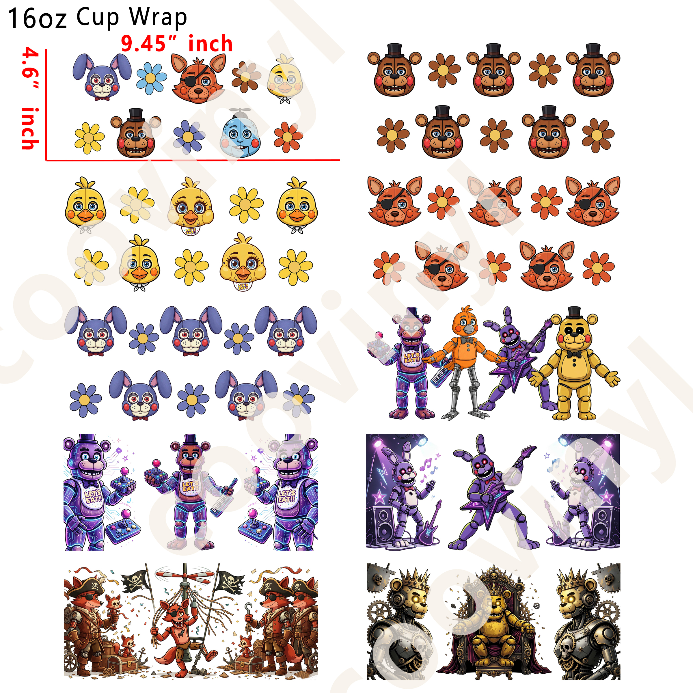 (R34)  10pcs Five Nights at Freddy's 16OZ Tumbler Cup Wraps, Waterproof Fade-Resistant Decal Stickers, Vivid HD Print with Strong Adhesion, Customizable Transfers for Glass Cups, Mugs & Smooth Surfaces, DIY Art Craft Supplies