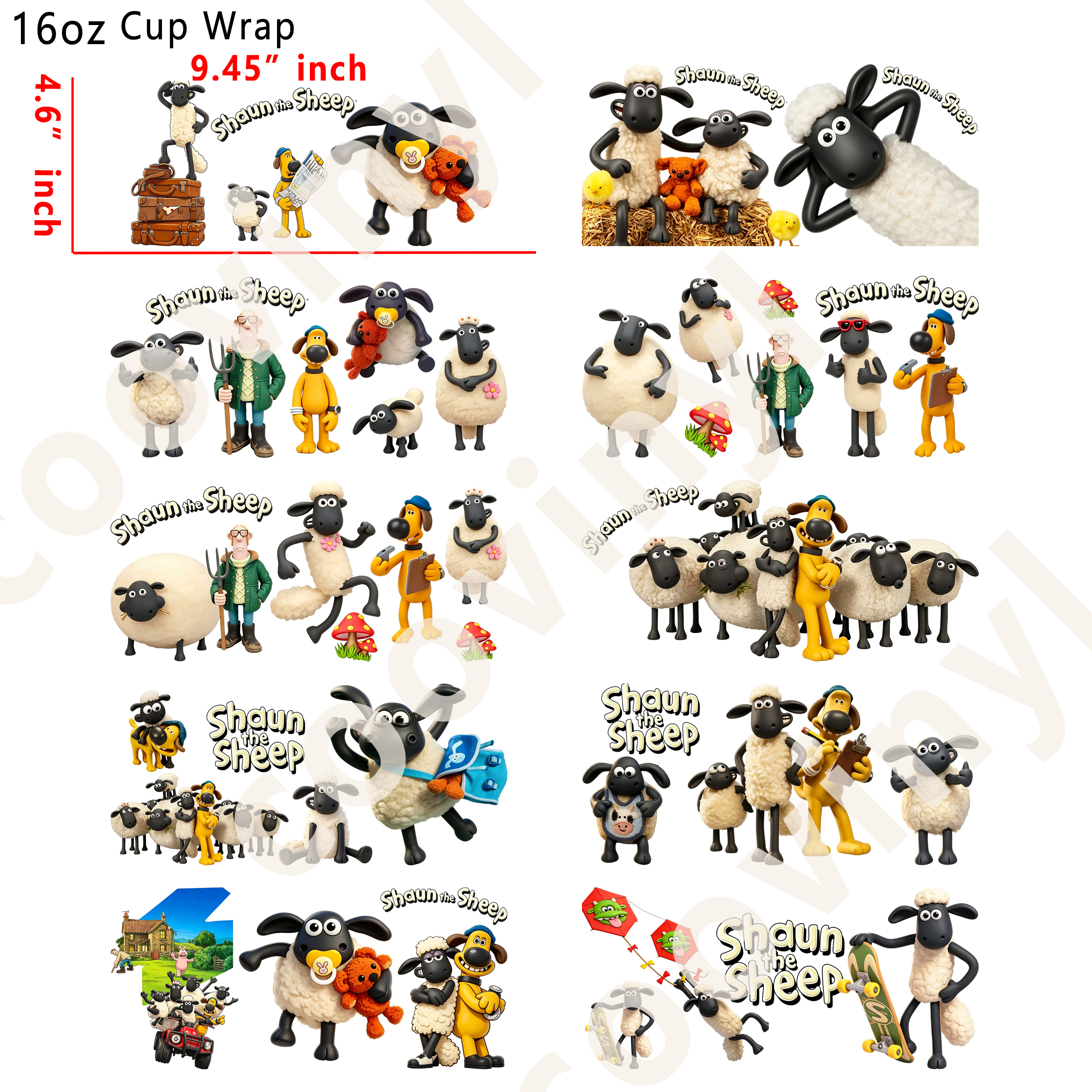 (K32)  10pcs Shaun the Sheep 16OZ Tumbler Cup Wraps, Waterproof Fade-Resistant Decal Stickers, Vivid HD Print with Strong Adhesion, Customizable Transfers for Glass Cups, Mugs & Smooth Surfaces, DIY Art Craft Supplies