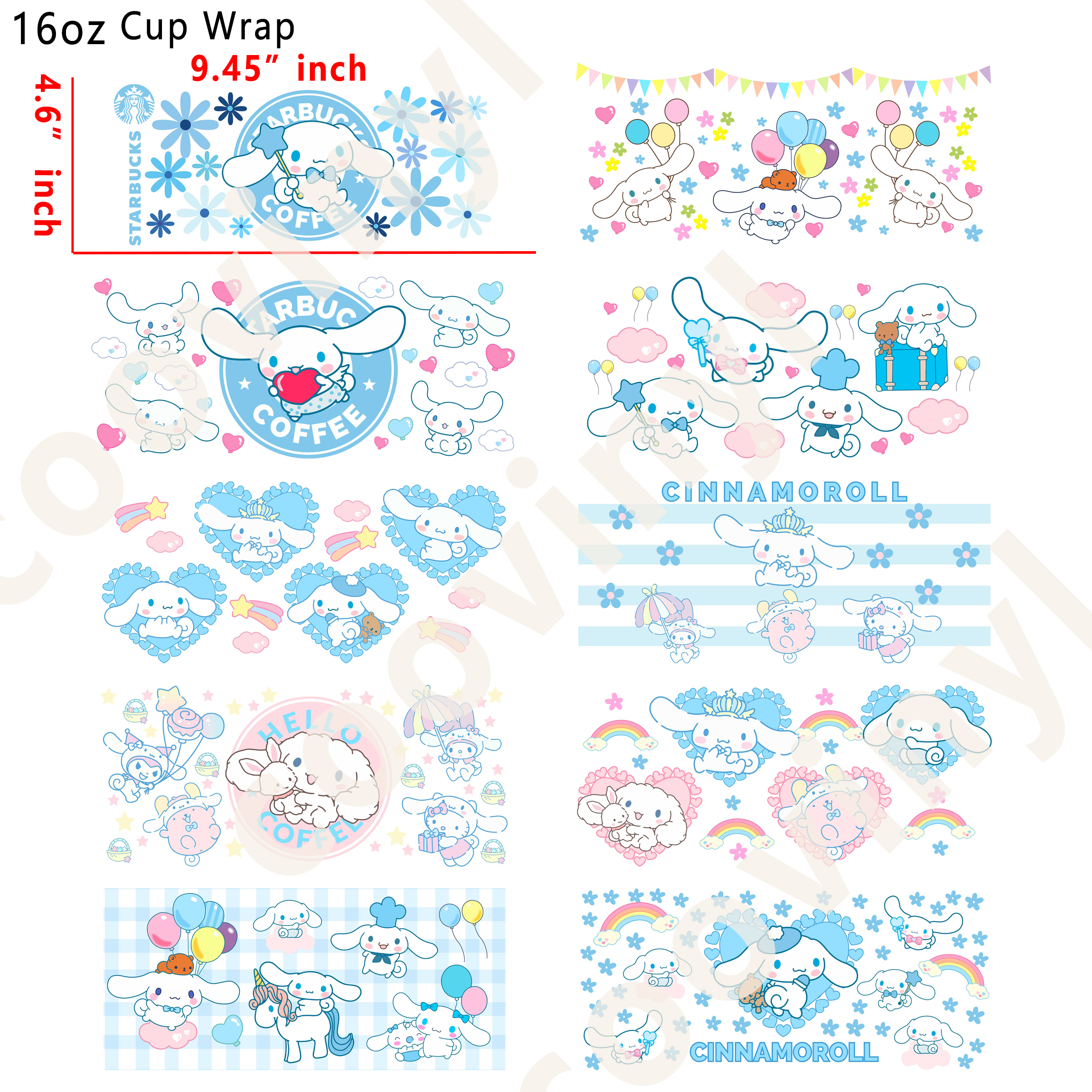 (R55)  10pcs Cinnamoroll 16OZ Tumbler Cup Wraps, Waterproof Fade-Resistant Decal Stickers, Vivid HD Print with Strong Adhesion, Customizable Transfers for Glass Cups, Mugs & Smooth Surfaces, DIY Art Craft Supplies