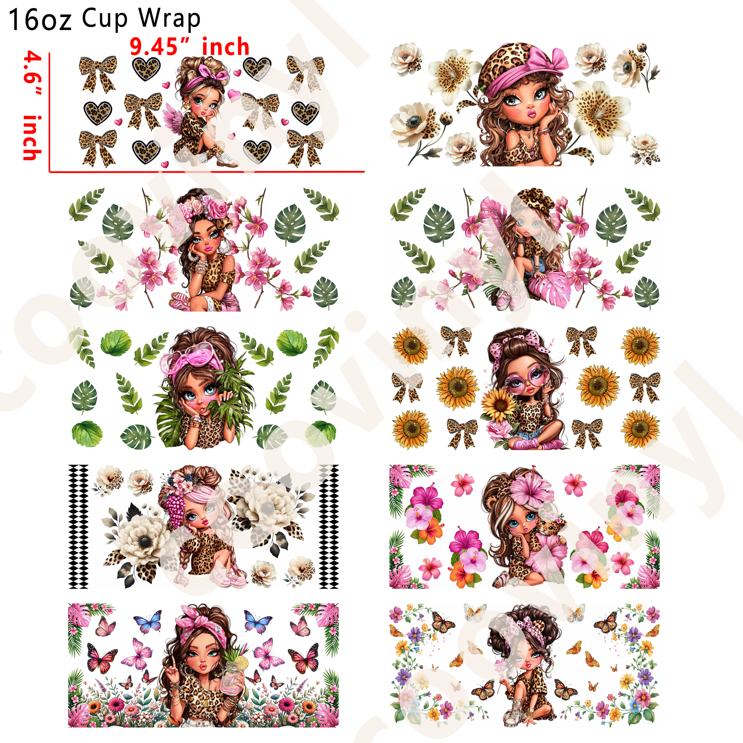 (L76)  10pcs leopard girl 16OZ Tumbler Cup Wraps, Waterproof Fade-Resistant Decal Stickers, Vivid HD Print with Strong Adhesion, Customizable Transfers for Glass Cups, Mugs & Smooth Surfaces, DIY Art Craft Supplies