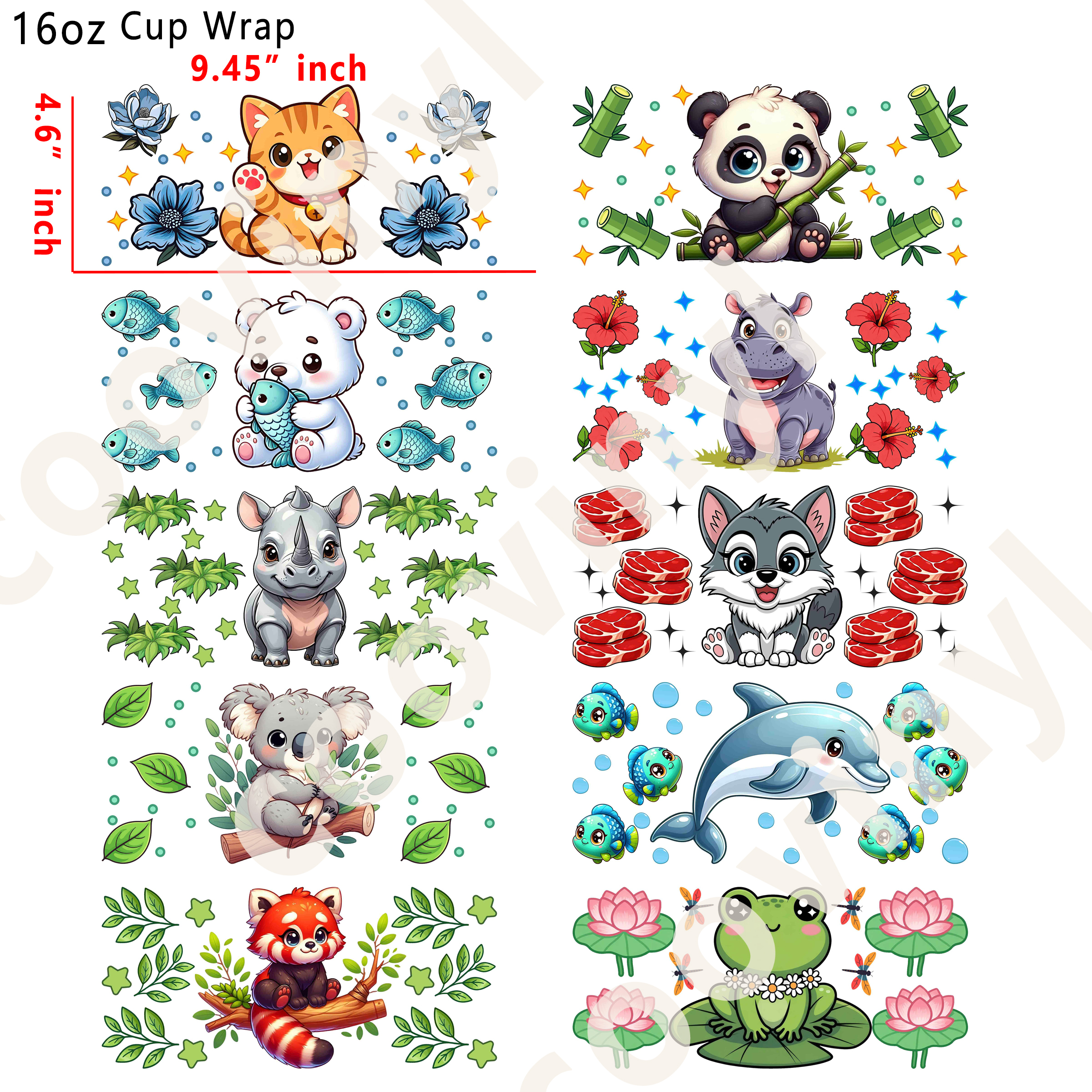 (L85)  10pcs animal mix 16OZ Tumbler Cup Wraps, Waterproof Fade-Resistant Decal Stickers, Vivid HD Print with Strong Adhesion, Customizable Transfers for Glass Cups, Mugs & Smooth Surfaces, DIY Art Craft Supplies