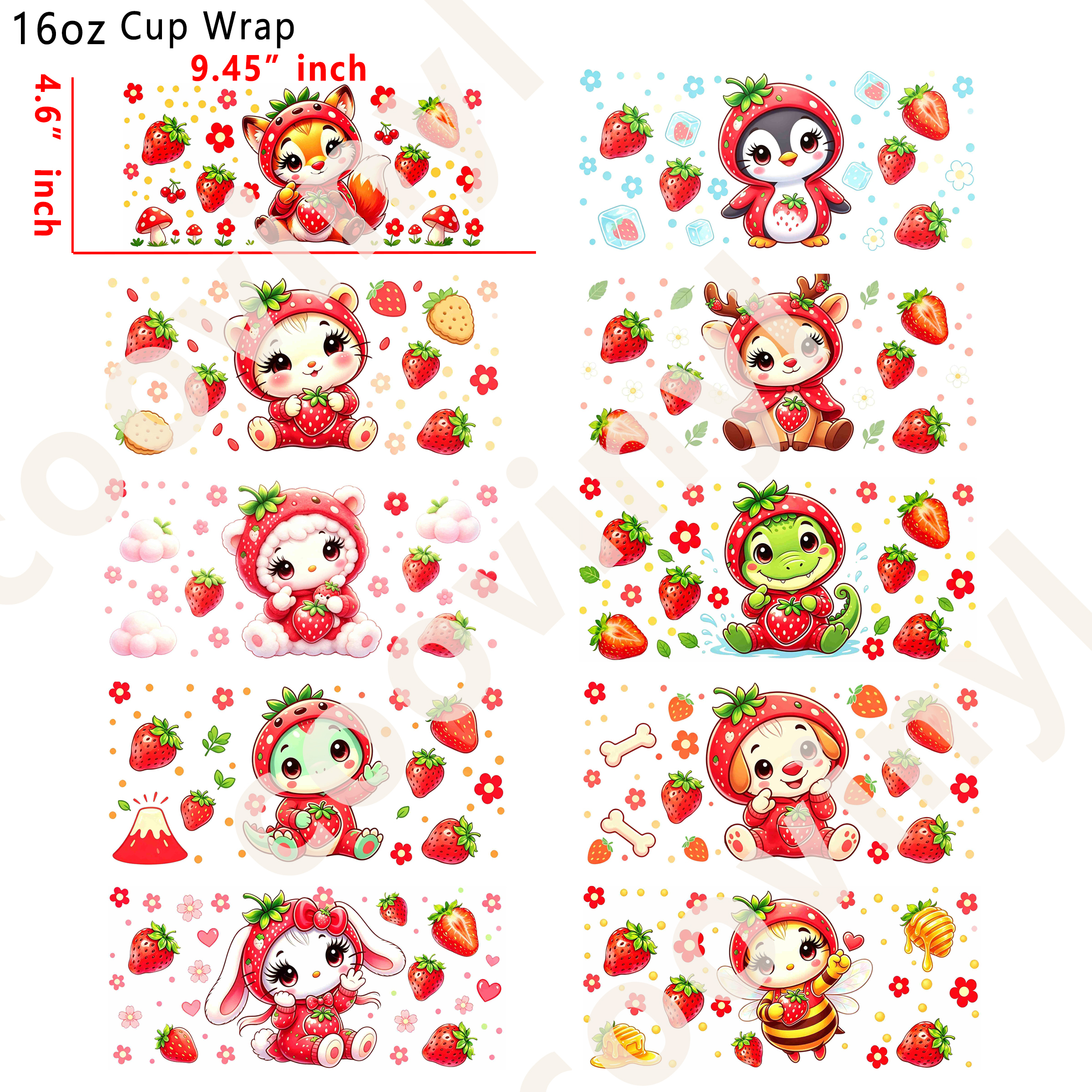 (M9)  10pcs strawberry animal 16OZ Tumbler Cup Wraps, Waterproof Fade-Resistant Decal Stickers, Vivid HD Print with Strong Adhesion, Customizable Transfers for Glass Cups, Mugs & Smooth Surfaces, DIY Art Craft Supplies