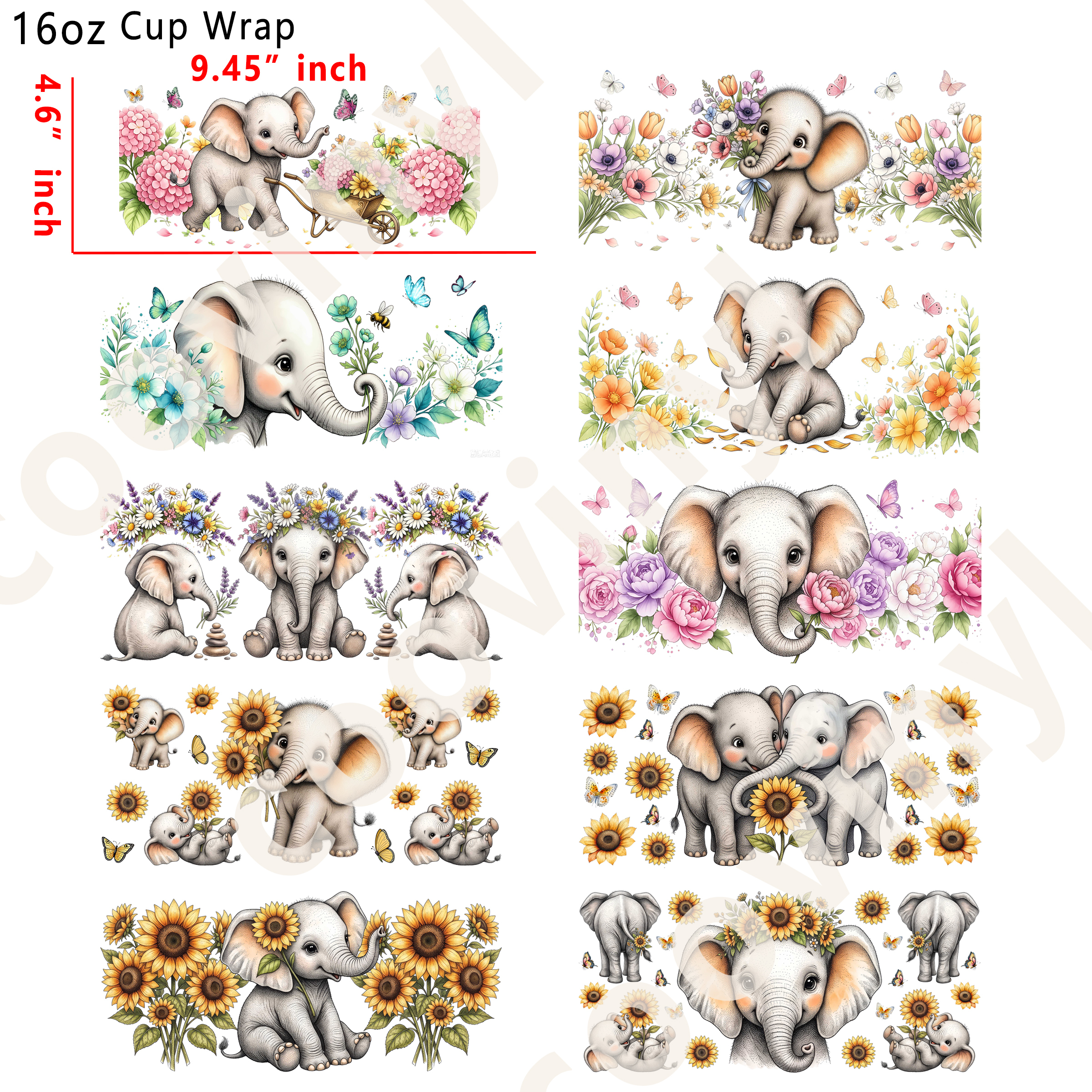 (R28)  10pcs Elephant 16OZ Tumbler Cup Wraps, Waterproof Fade-Resistant Decal Stickers, Vivid HD Print with Strong Adhesion, Customizable Transfers for Glass Cups, Mugs & Smooth Surfaces, DIY Art Craft Supplies