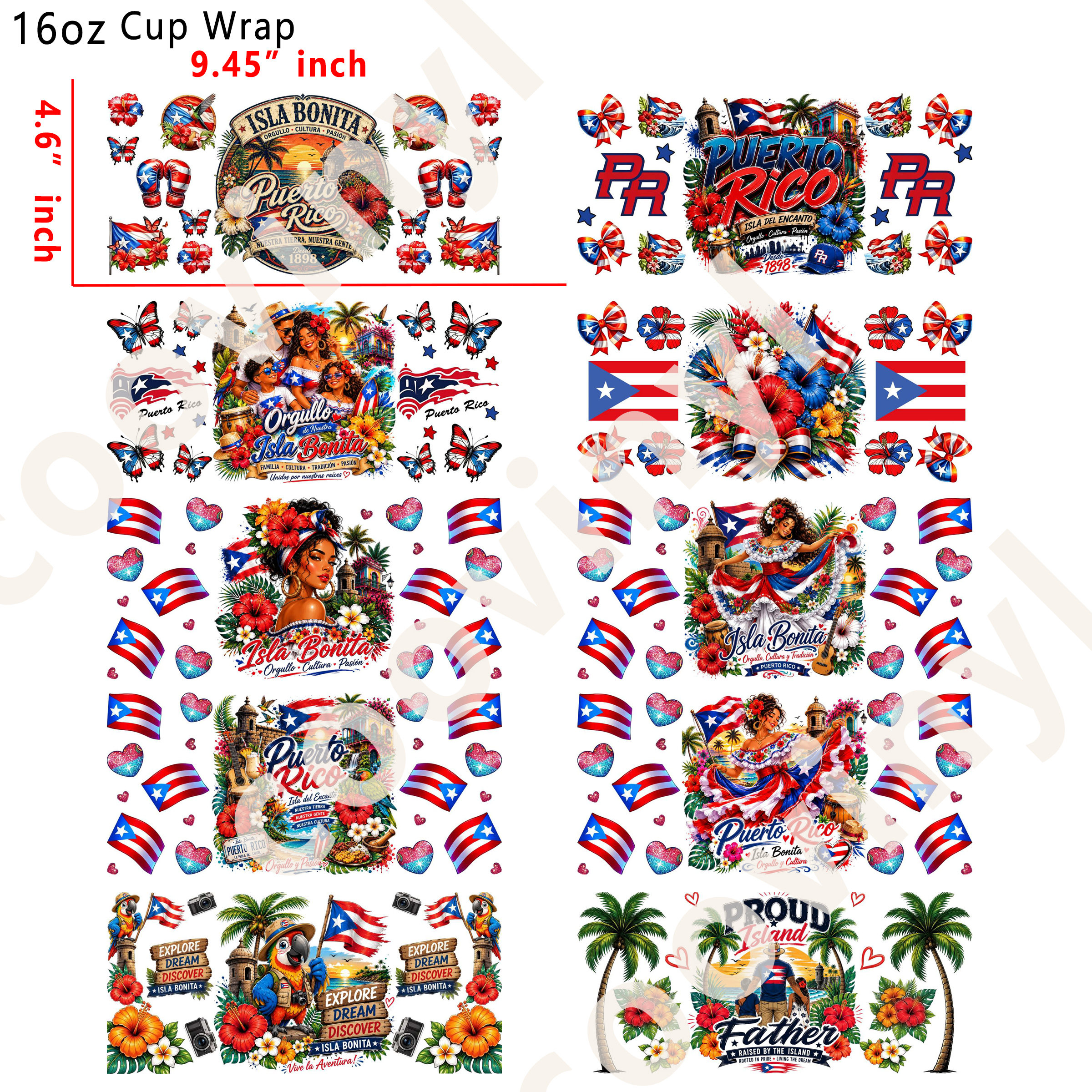 (T51)  20pcs Puerto Rico 16OZ Tumbler Cup Wraps, Waterproof Fade-Resistant Decal Stickers, Vivid HD Print with Strong Adhesion, Customizable Transfers for Glass Cups, Mugs & Smooth Surfaces, DIY Art Craft Supplies