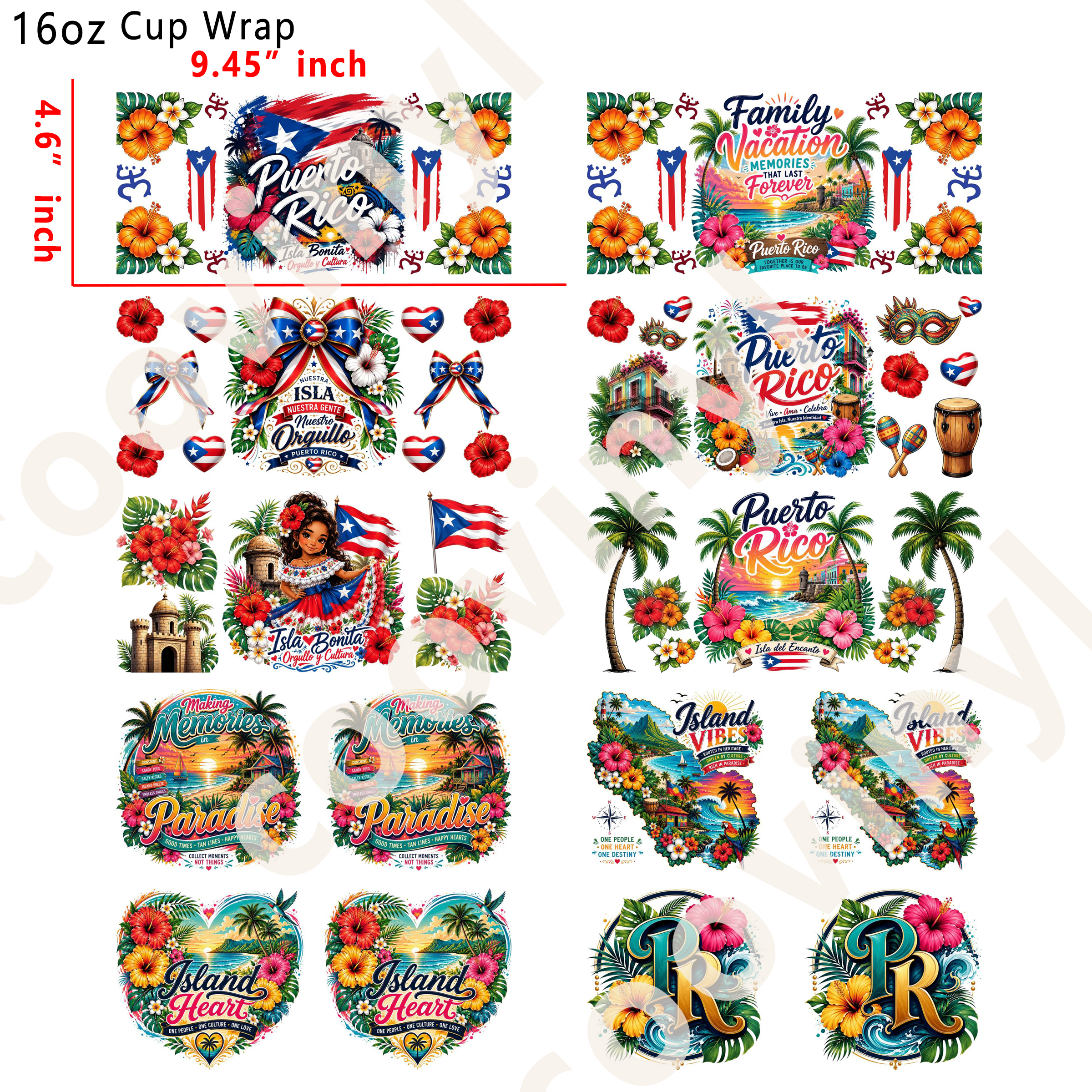 (T51)  20pcs Puerto Rico 16OZ Tumbler Cup Wraps, Waterproof Fade-Resistant Decal Stickers, Vivid HD Print with Strong Adhesion, Customizable Transfers for Glass Cups, Mugs & Smooth Surfaces, DIY Art Craft Supplies