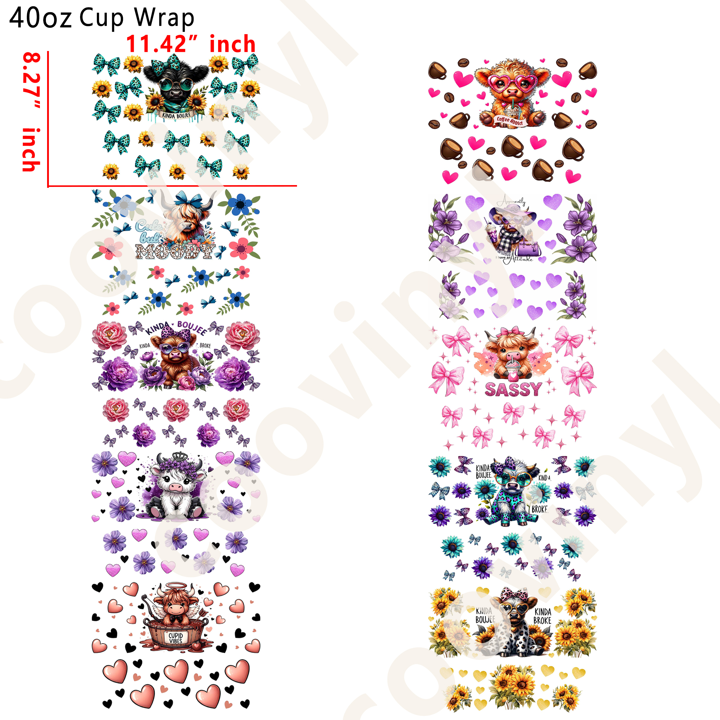 (Q36)  10pcs cow 40OZ Tumbler Cup Wraps, Waterproof Fade-Resistant Decal Stickers, Vivid HD Print with Strong Adhesion, Customizable Transfers for Glass Cups, Mugs & Smooth Surfaces, DIY Art Craft Supplies