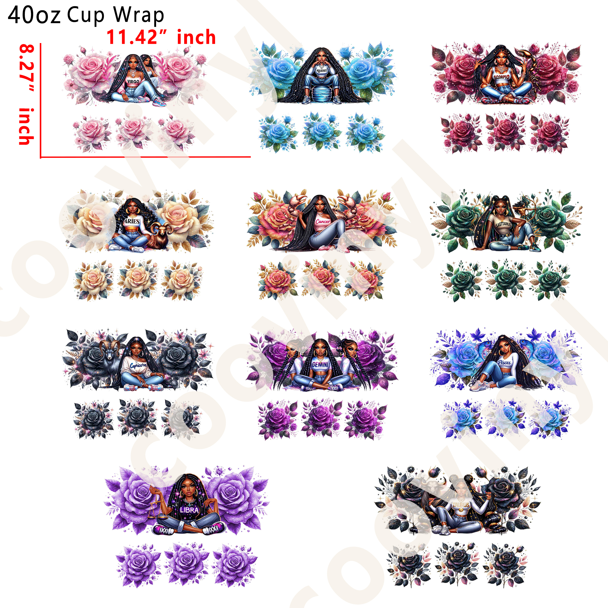 (Q83)  10pcs zodiac sign 40OZ Tumbler Cup Wraps, Waterproof Fade-Resistant Decal Stickers, Vivid HD Print with Strong Adhesion, Customizable Transfers for Glass Cups, Mugs & Smooth Surfaces, DIY Art Craft Supplies