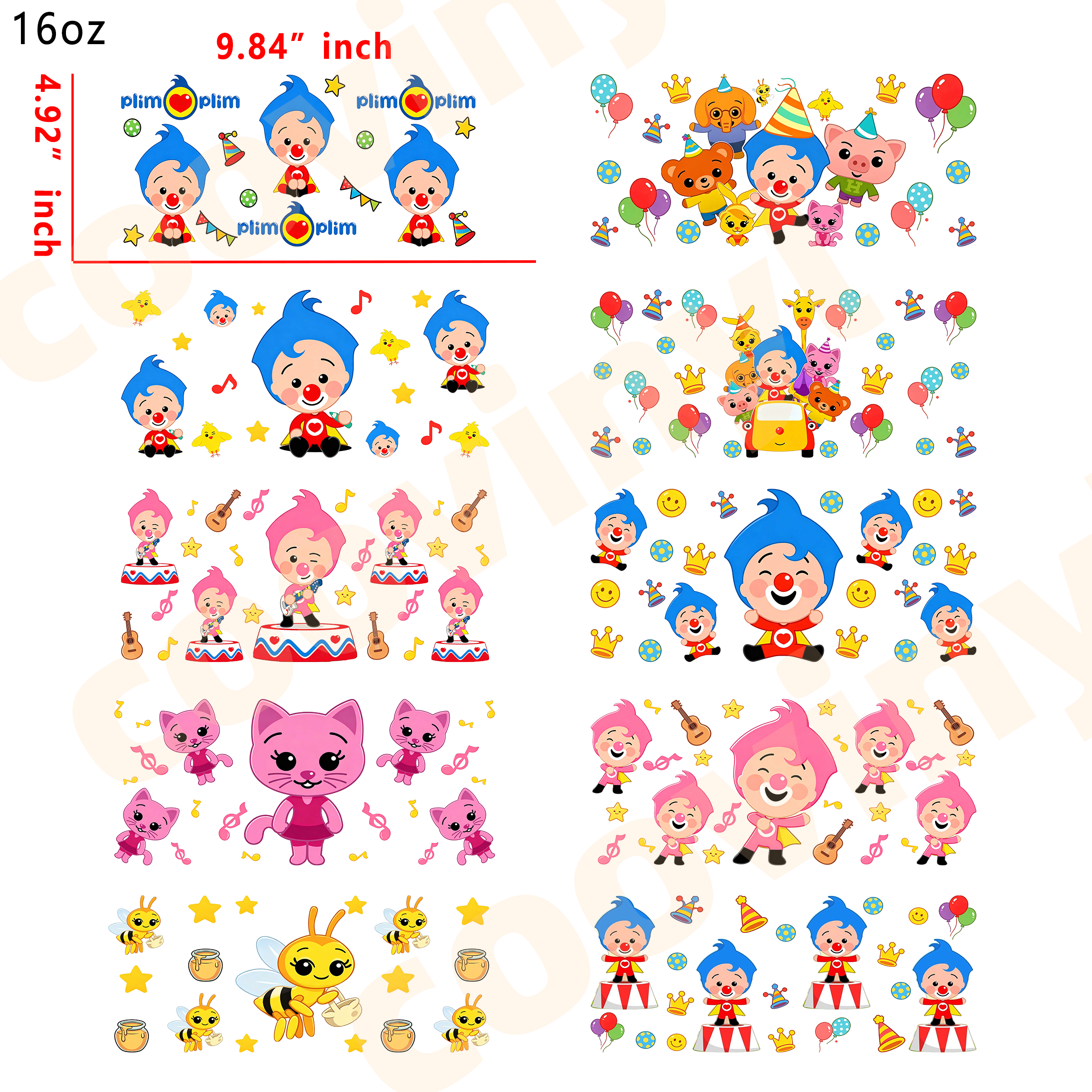 (L24)  10pcs Plim Plim 16OZ Tumbler Cup Wraps, Waterproof Fade-Resistant Decal Stickers, Vivid HD Print with Strong Adhesion, Customizable Transfers for Glass Cups, Mugs & Smooth Surfaces, DIY Art Craft Supplies