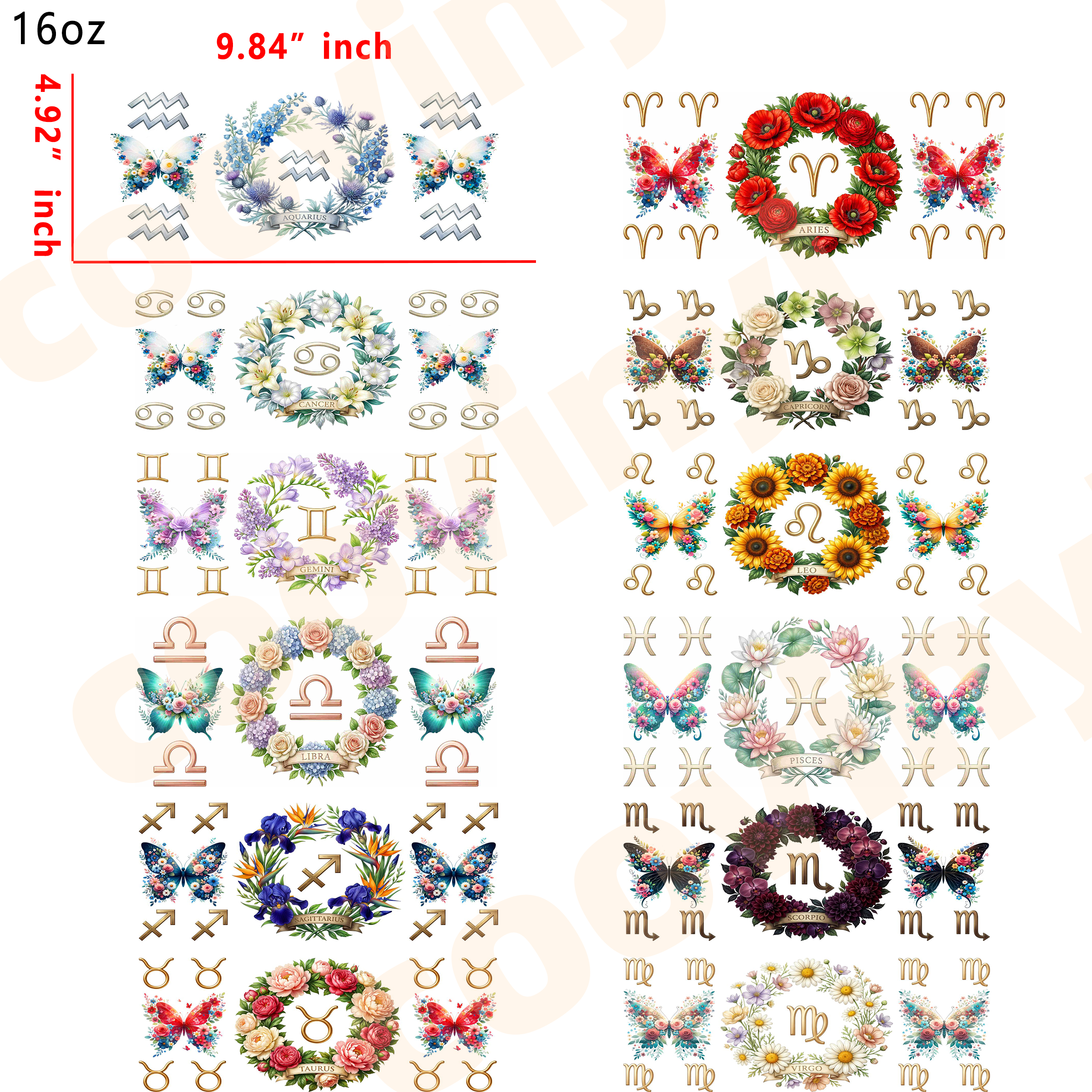 (L47)  12pcs Twelve Zodiac Wreaths  16OZ Tumbler Cup Wraps, Waterproof Fade-Resistant Decal Stickers, Vivid HD Print with Strong Adhesion, Customizable Transfers for Glass Cups, Mugs & Smooth Surfaces, DIY Art Craft Supplies
